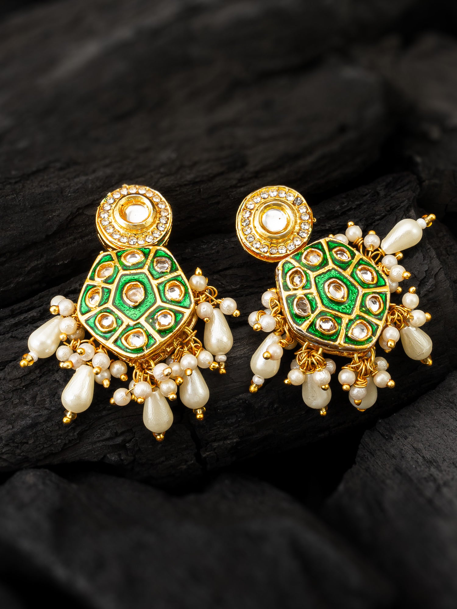 Green Meenakari Kundan Hexagonal Drop Earrings with Pearl Hangings – View 5 | Aadita Jewelry