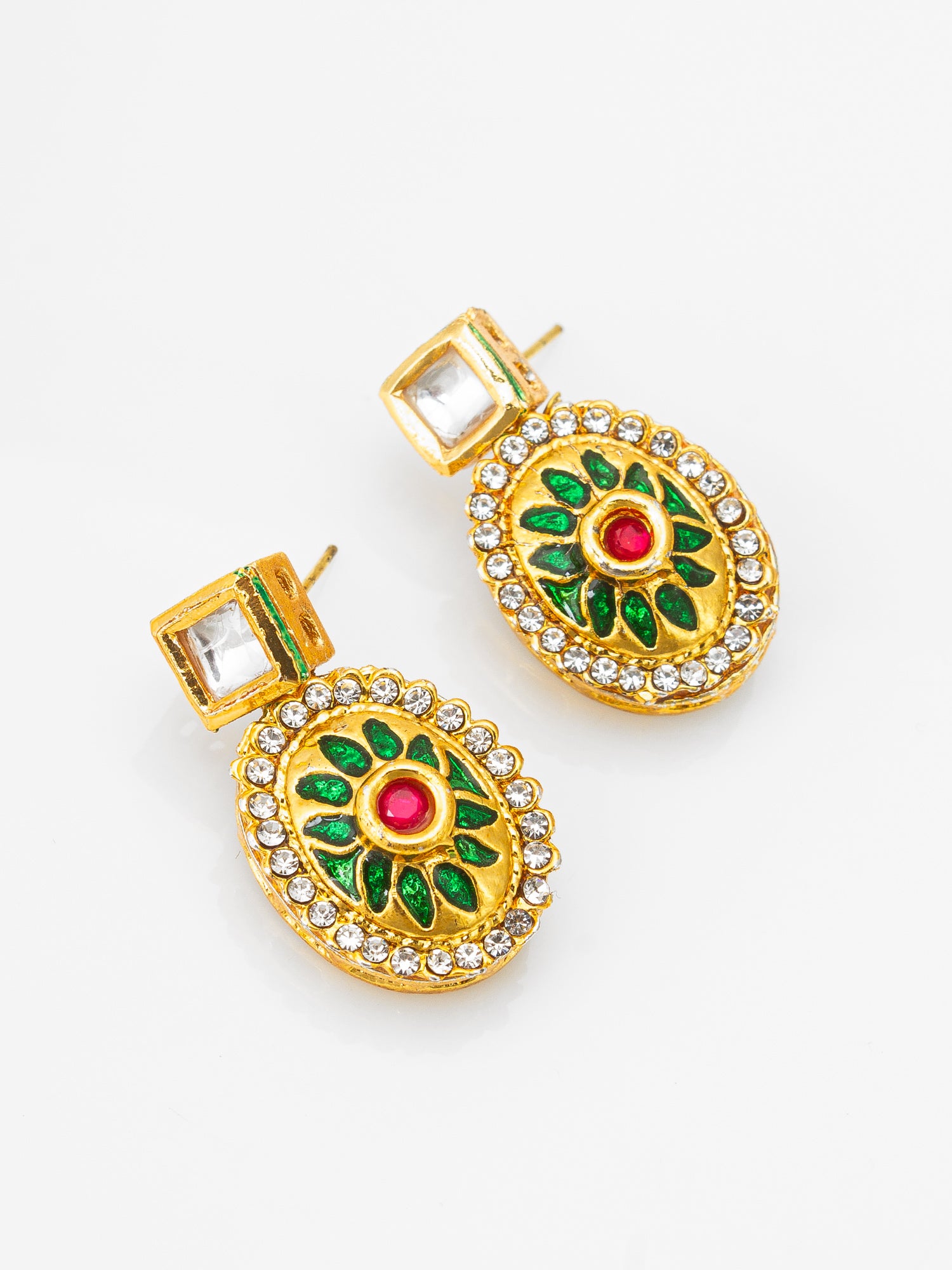 Gold-Plated Square Stud Earrings with Meenakari Drop and Crystal | Aadita Jewelry