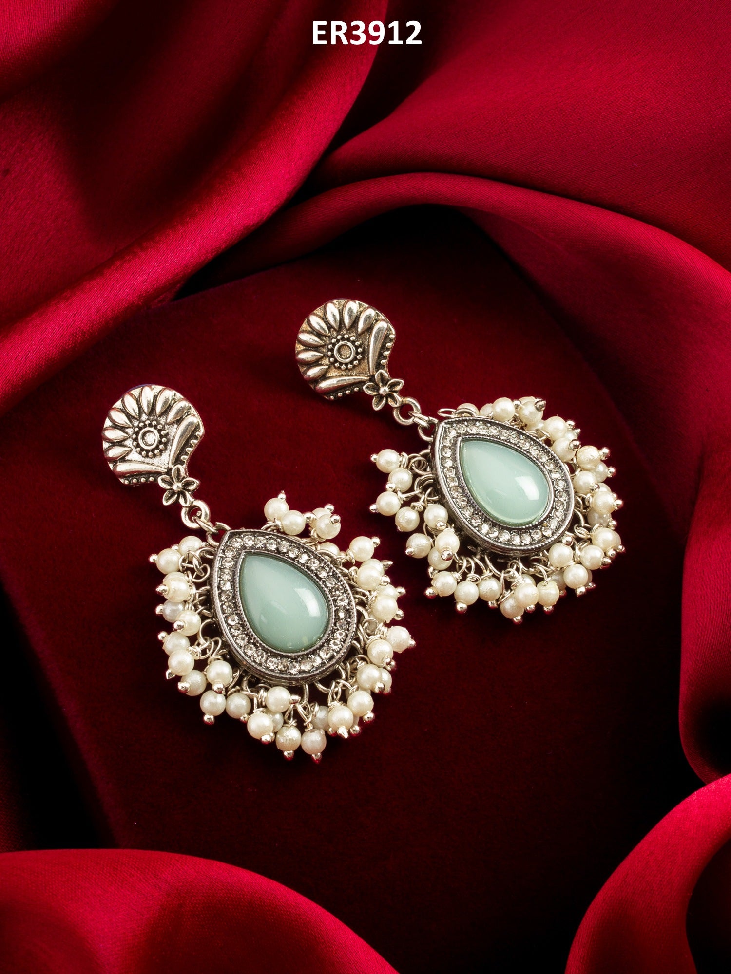 Oxidized Silver Earrings with Mint Stone and Pearl Cluster – View 5 | Aadita Jewelry