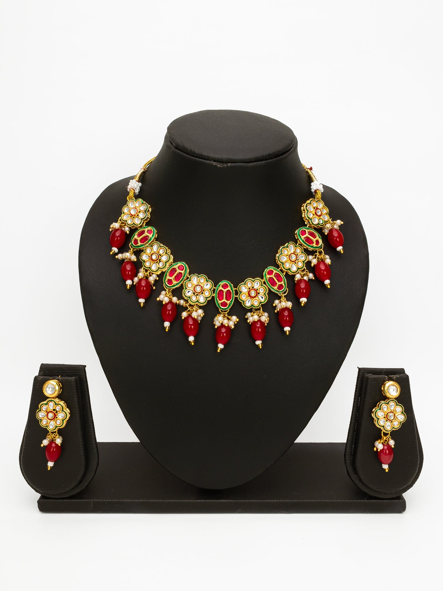 Gold Plated Kundan Floral Necklace Set with Red Beads – View 4 | Aadita Jewelry