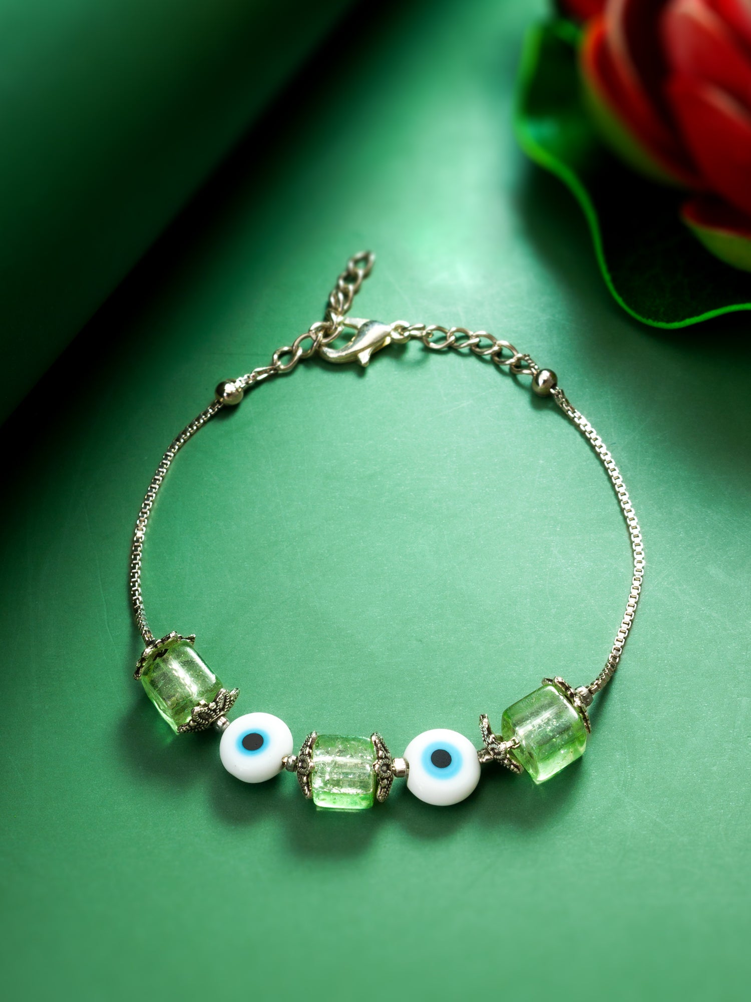 Green Crackle Glass & Evil Eye Bead Bracelet with Floral Cap Accents – View 3 | Aadita Jewelry