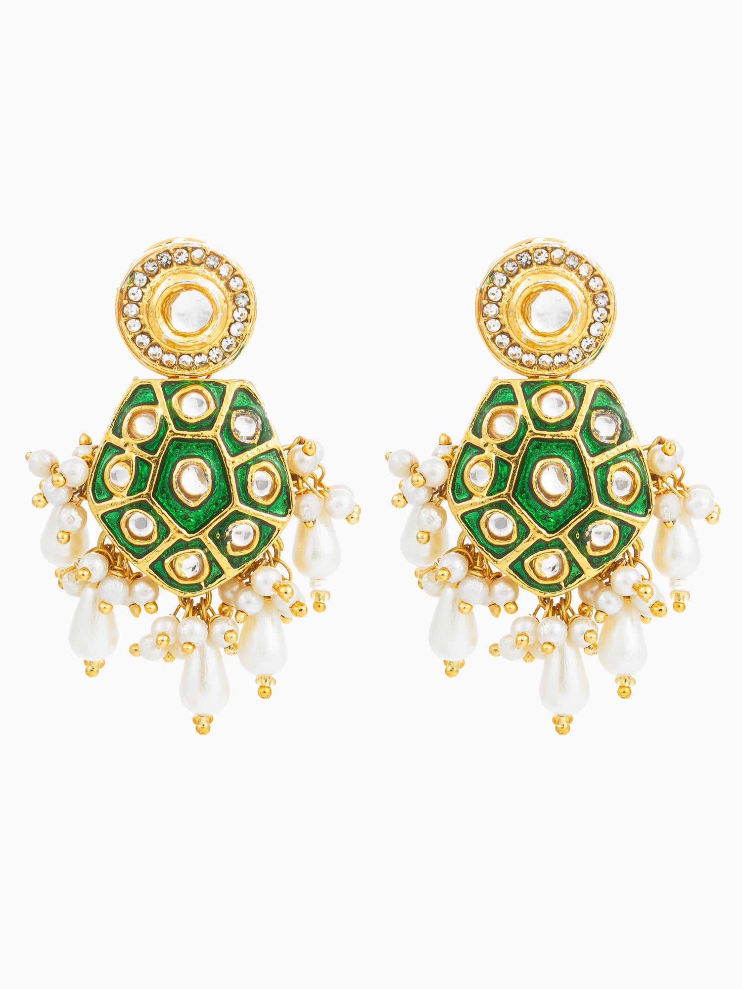 Green Meenakari Kundan Hexagonal Drop Earrings with Pearl Hangings | Aadita Jewelry