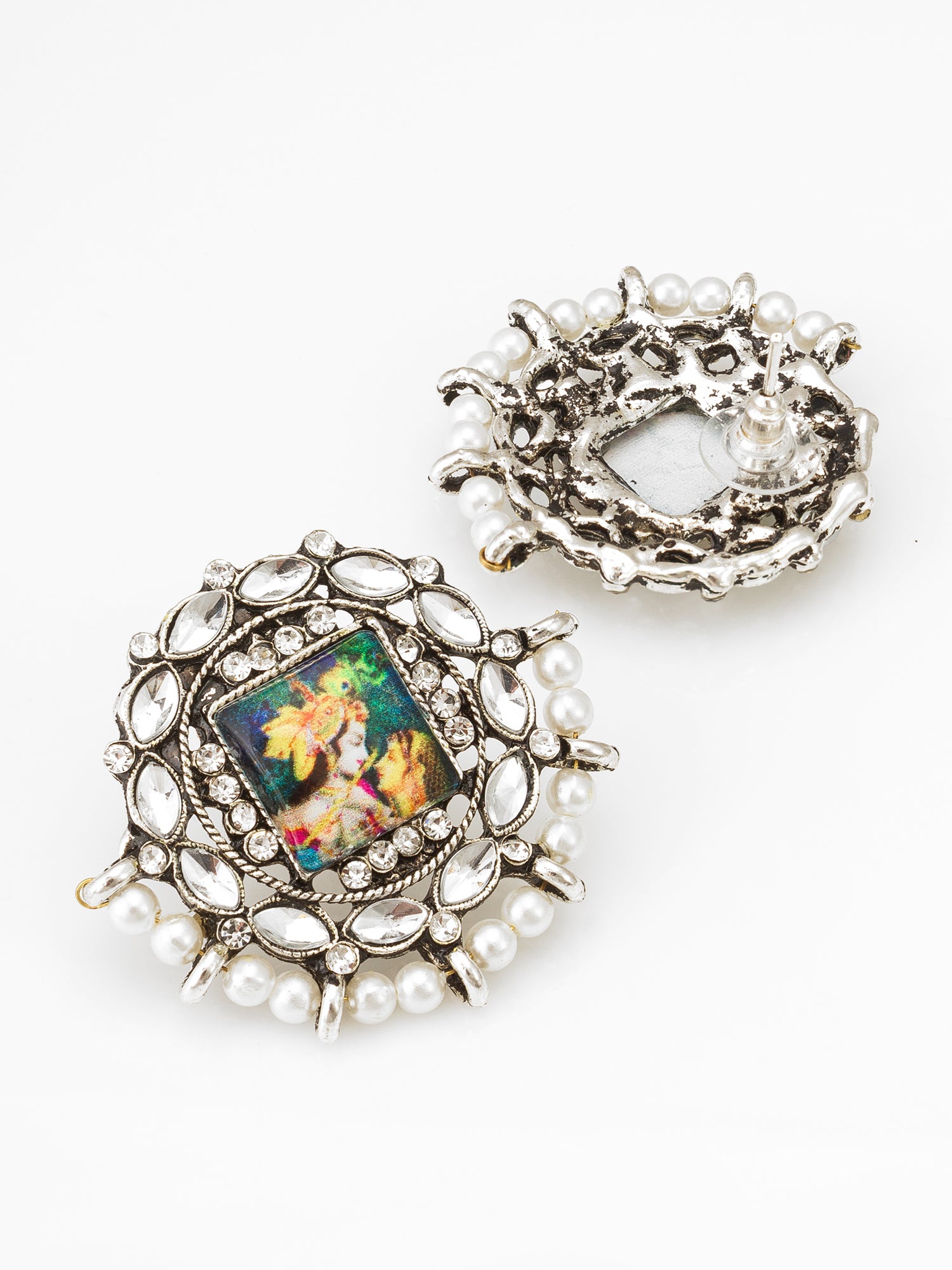 Silver Toned Radha Krishna Temple Work Kundan Stud Earrings – View 2 | Aadita Jewelry