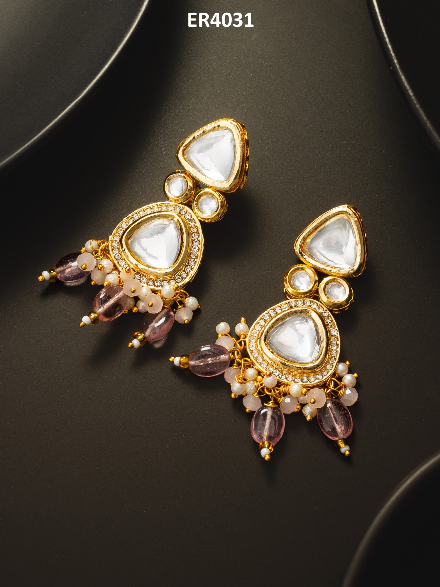 Gold-Plated Kundan Earrings with Crystal Bead Drop – View 5 | Aadita Jewelry
