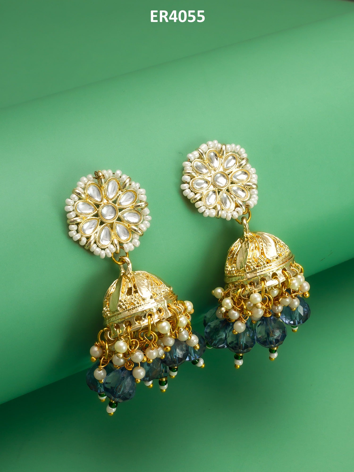 Gold-Plated Blue Beaded Kundan Jhumka Earrings – View 5 | Aadita Jewelry