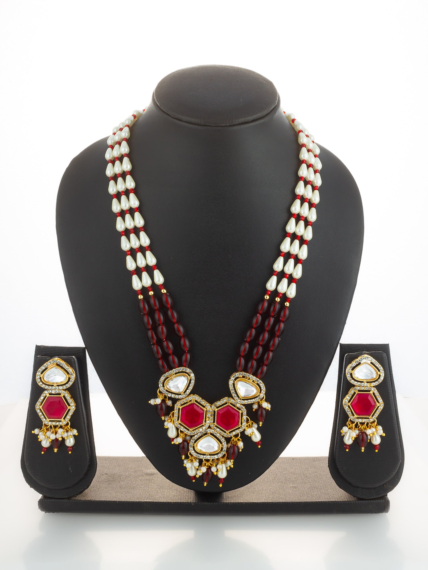Gold Plated Long Pearl & Red Stone Necklace Set – View 5 | Aadita Jewelry
