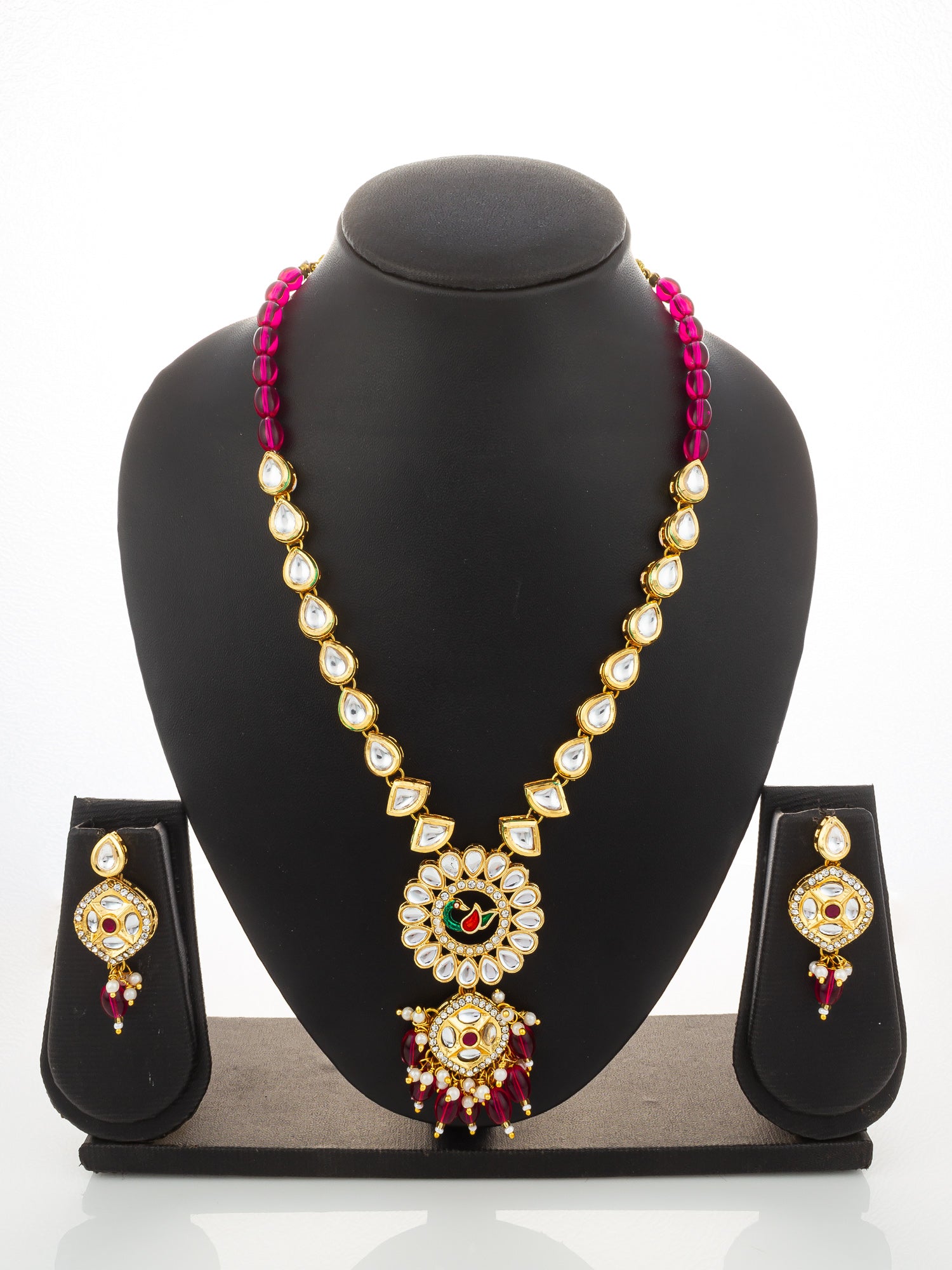 Aadita Gold-Plated Kundan Long Necklace Set with Beads and Floral Meenakari Pendant and Earrings – View 5 | Aadita Jewelry