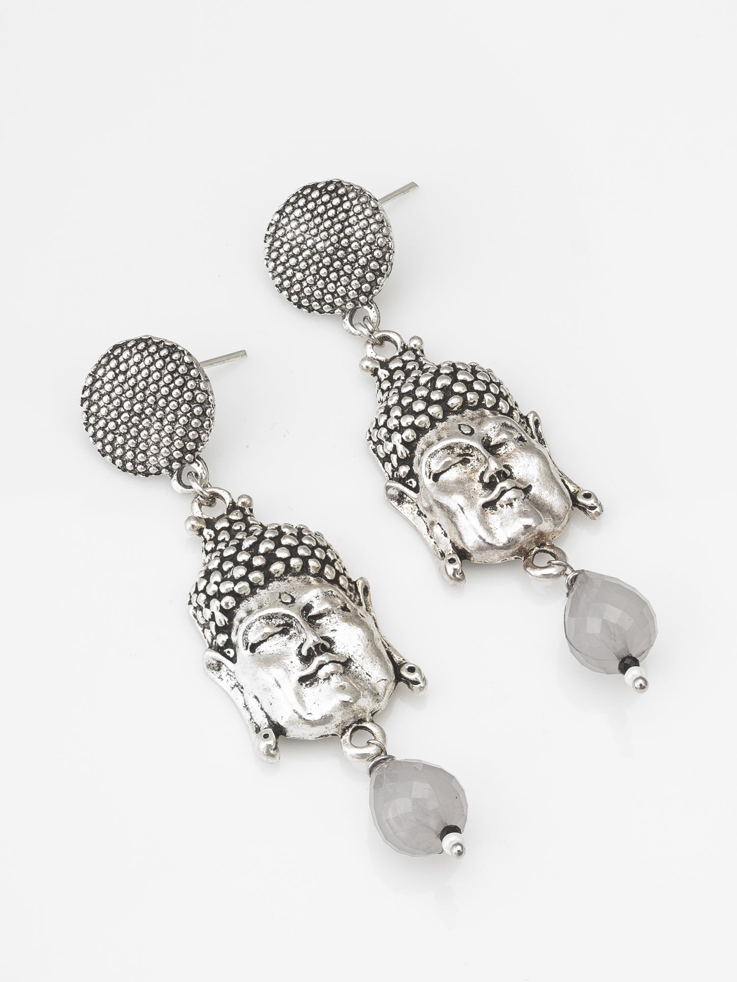 Oxidized Silver Buddha Face Drop Earrings with Grey Stone Pendant | Aadita Jewelry