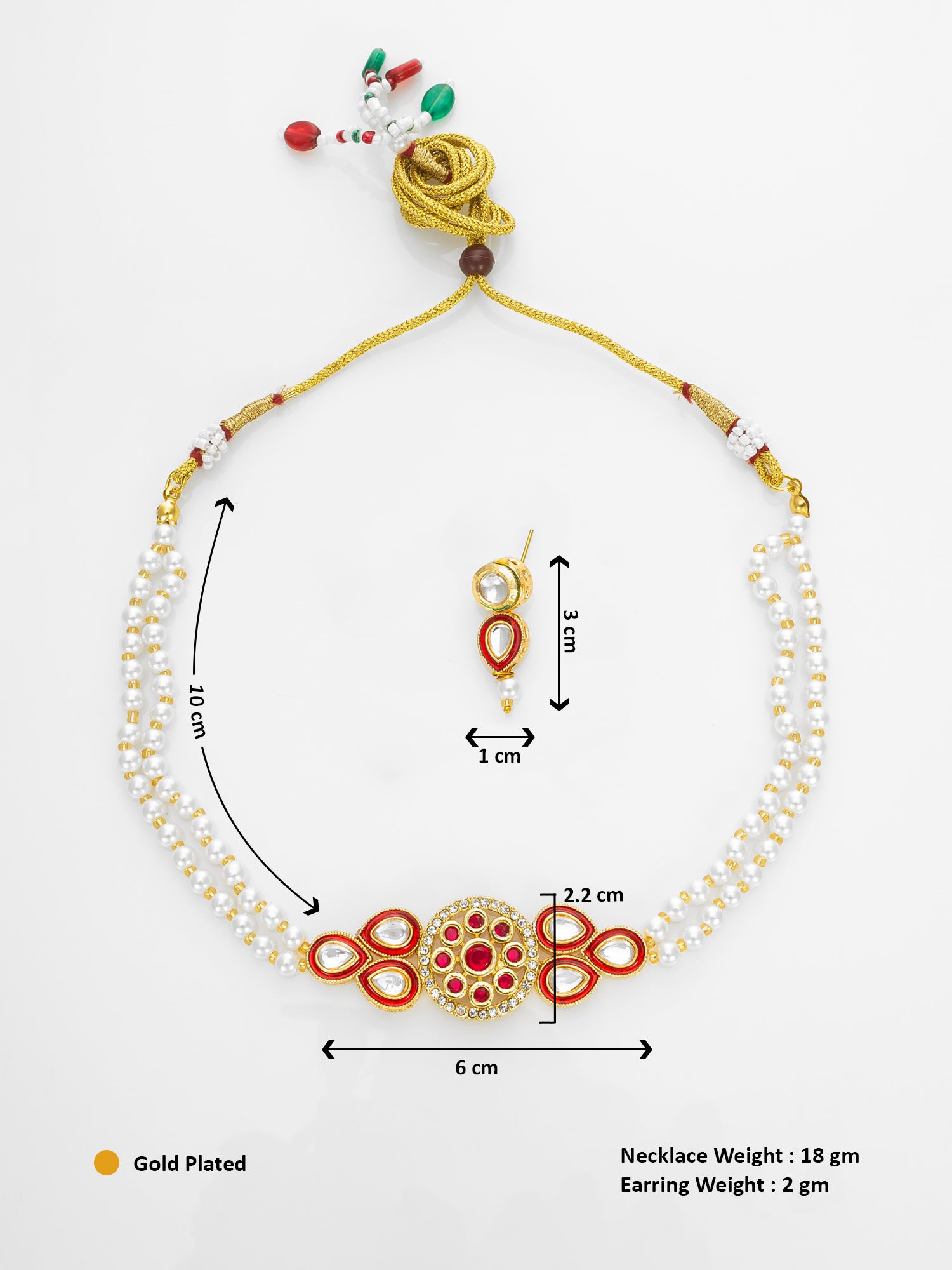 Gold Plated Red & White Pearl Beaded Kundan Necklace Set for Women – View 5 | Aadita Jewelry