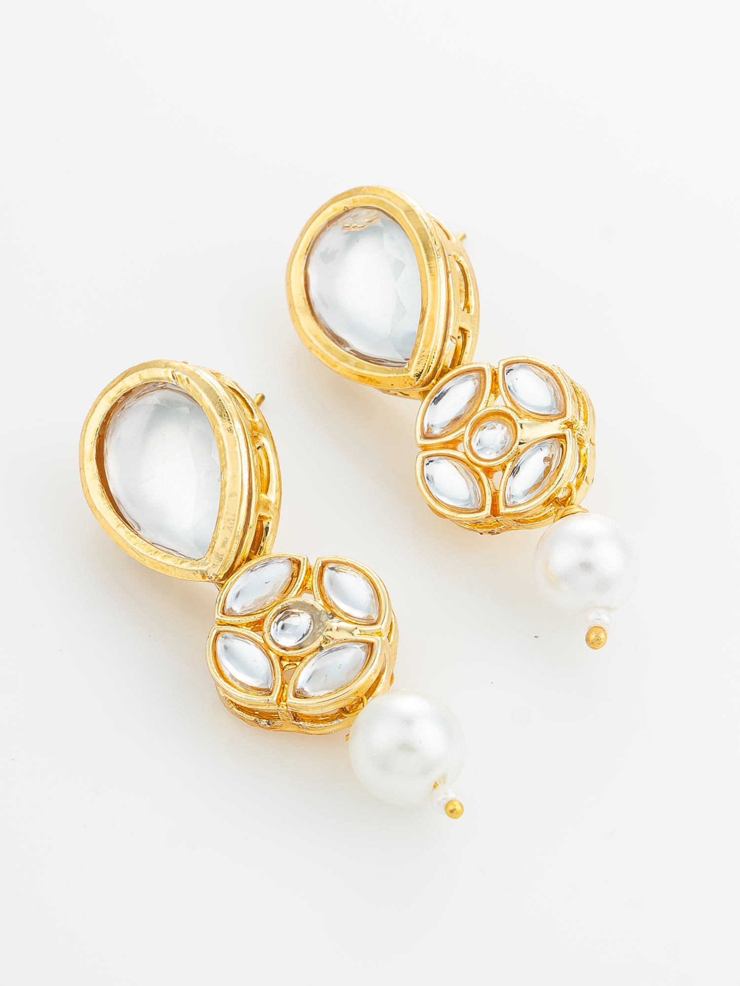 Gold Plated Long Pear Drop Earrings with Pearl Dangle – View 2 | Aadita Jewelry