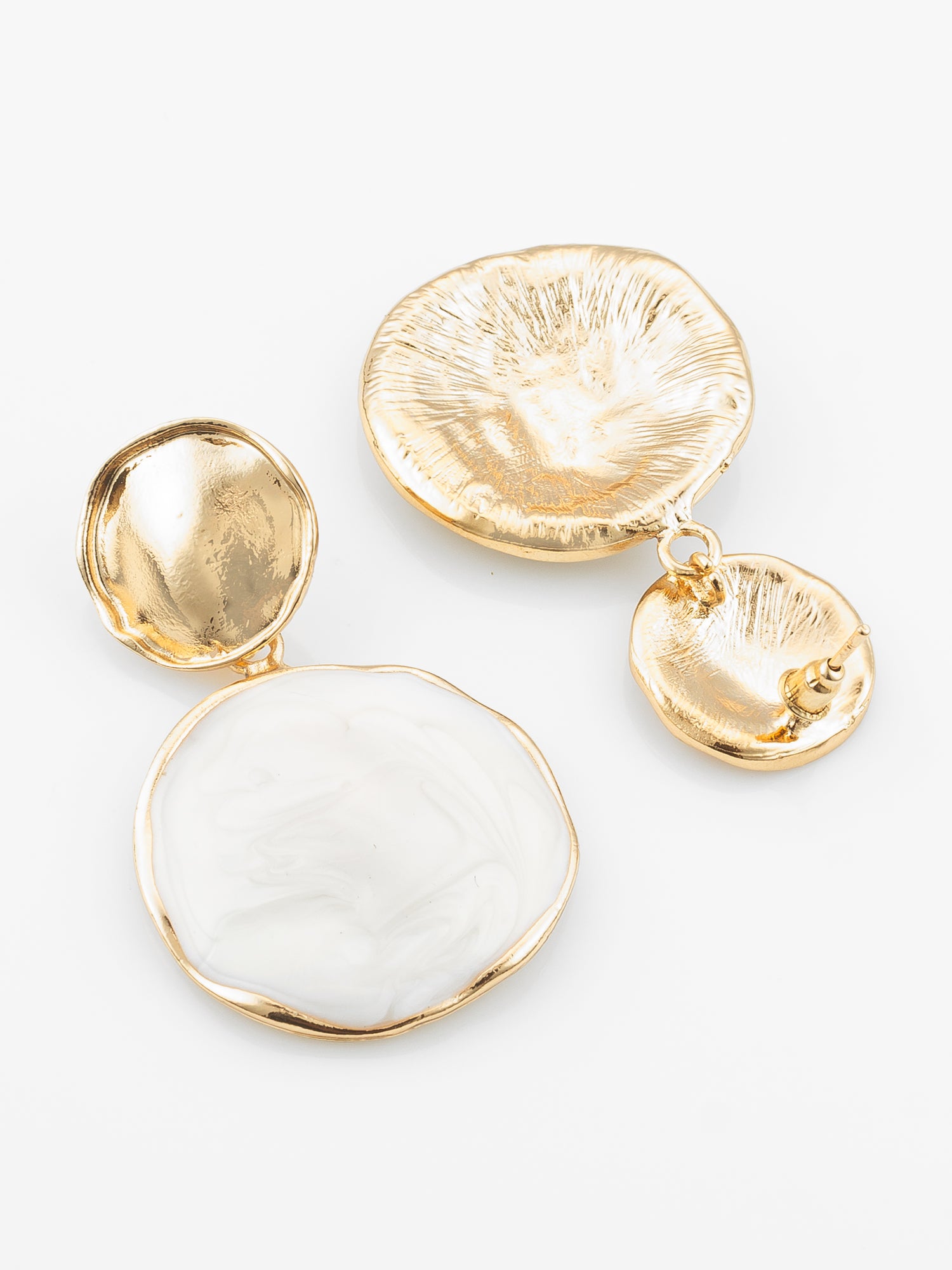 Textured Gold Plated Round Statement Earrings "“ White Marble Finish – View 3 | Aadita Jewelry