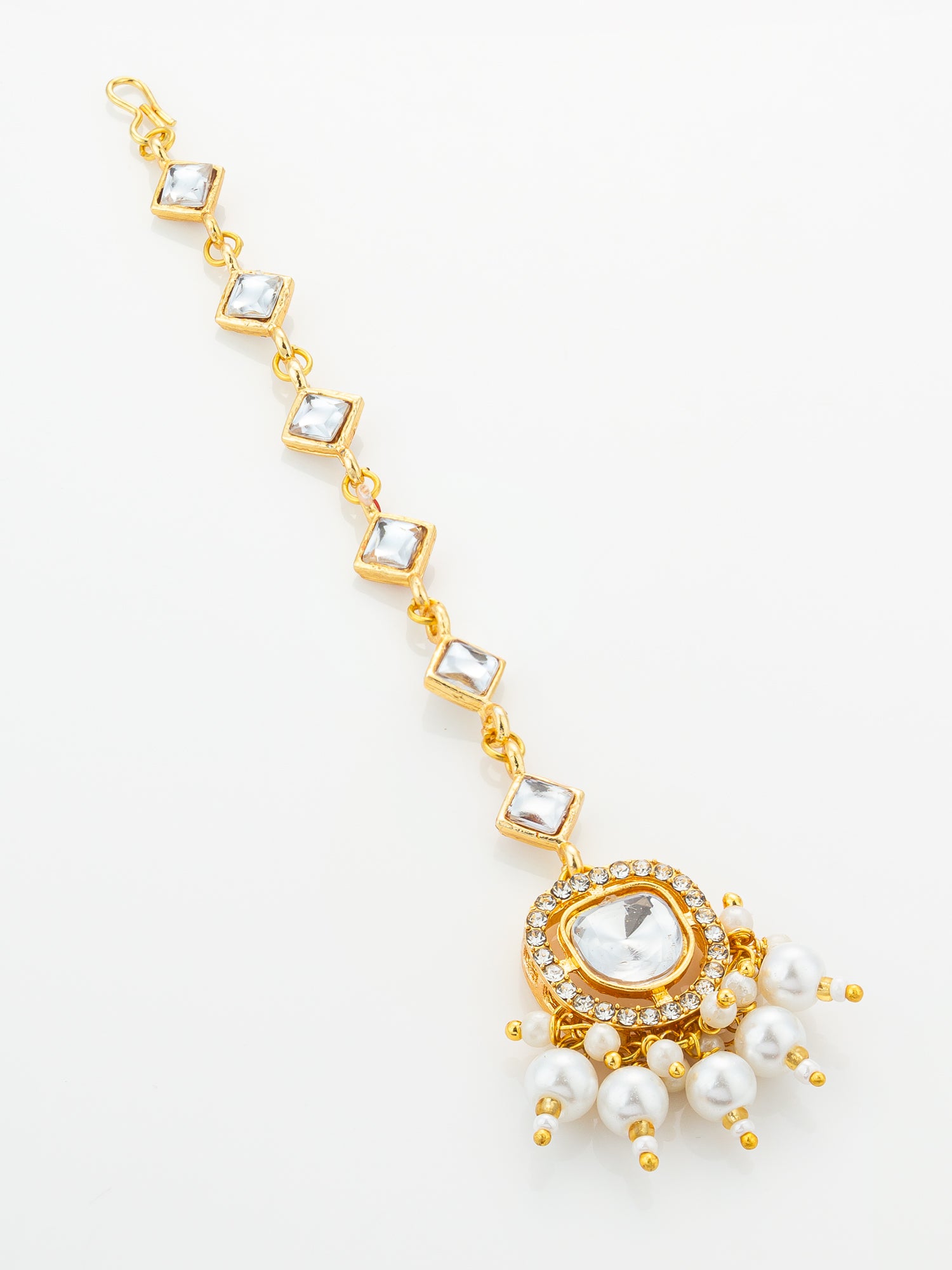 Aadita Gold Plated Square Kundan Chain Mangtika with Round Pendant and White Pearl Cluster Fringe – View 2 | Aadita Jewelry