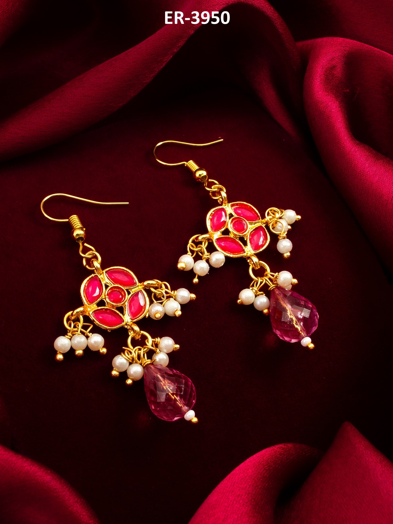 Gold-Toned Floral Earrings with Pearl Dangles and Pink Crystal Drop – View 5 | Aadita Jewelry