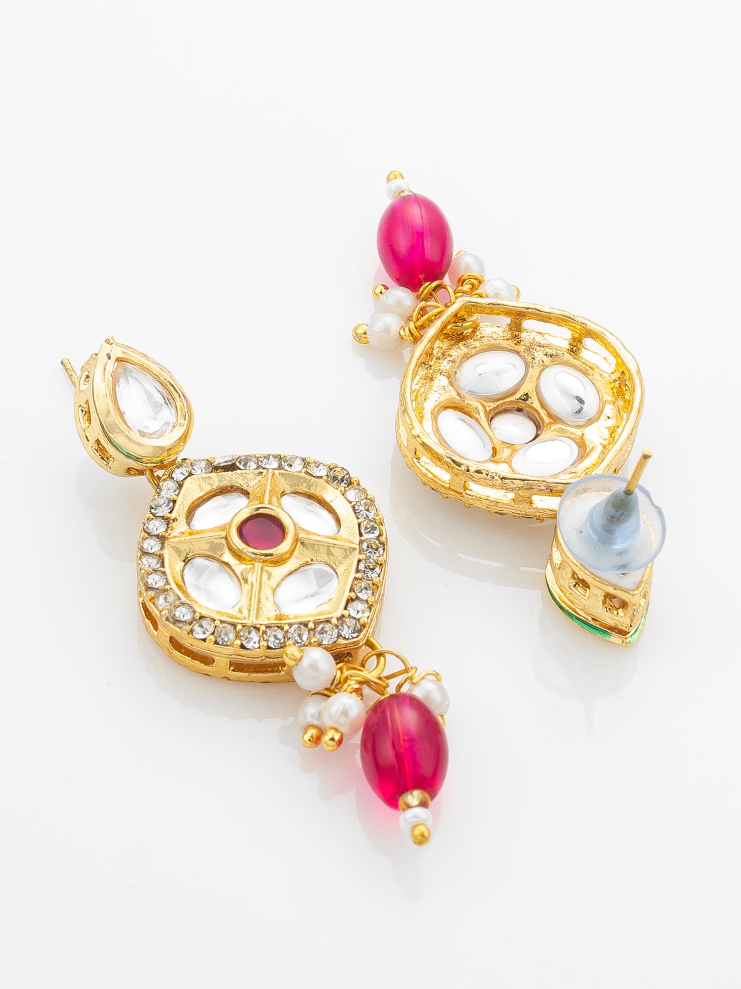 Aadita Gold-Plated Kundan Long Necklace Set with Beads and Floral Meenakari Pendant and Earrings – View 3 | Aadita Jewelry