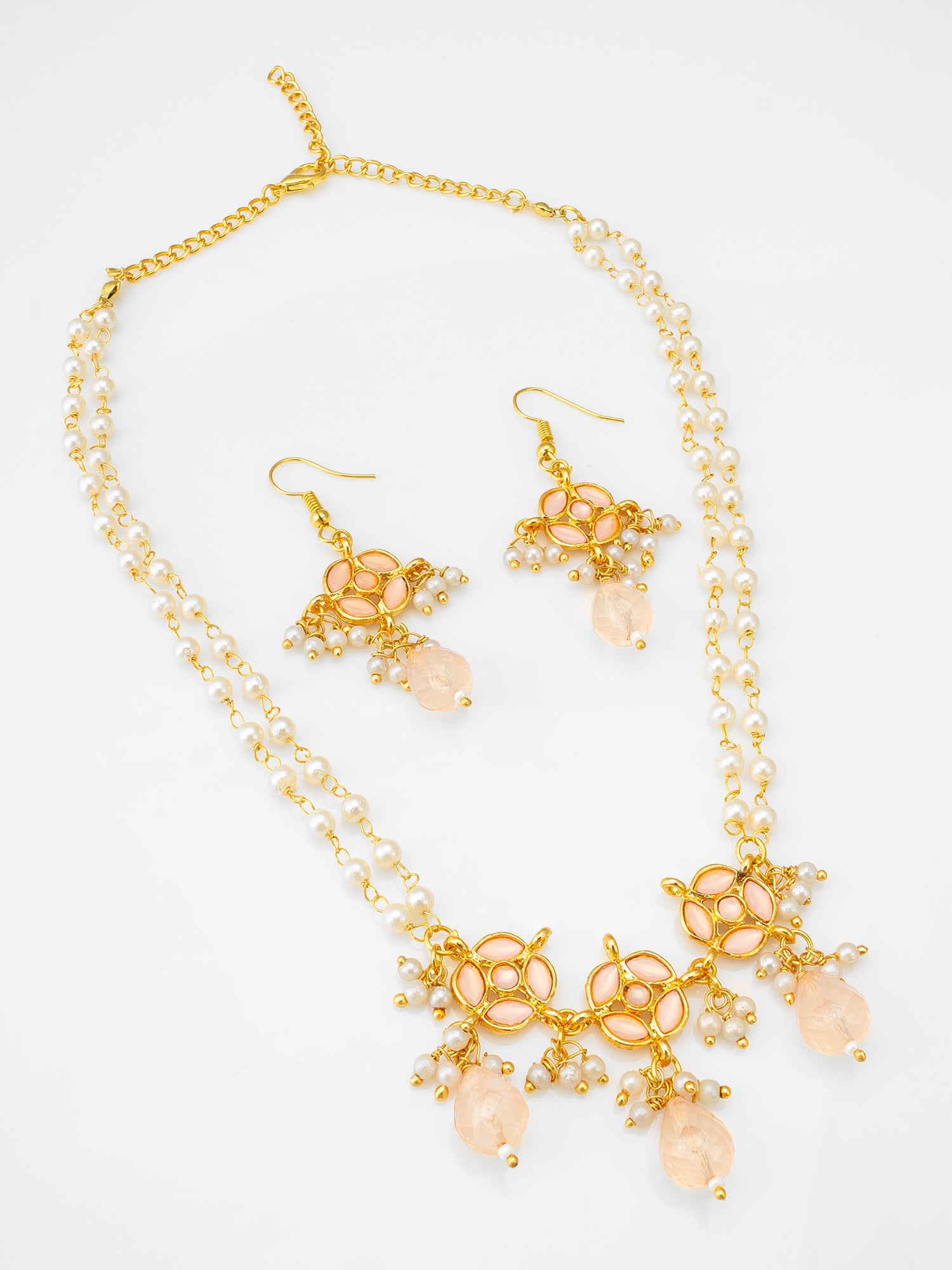 Elegant Peach Stone and Pearl Beaded Gold Plated Necklace Set | Aadita Jewelry