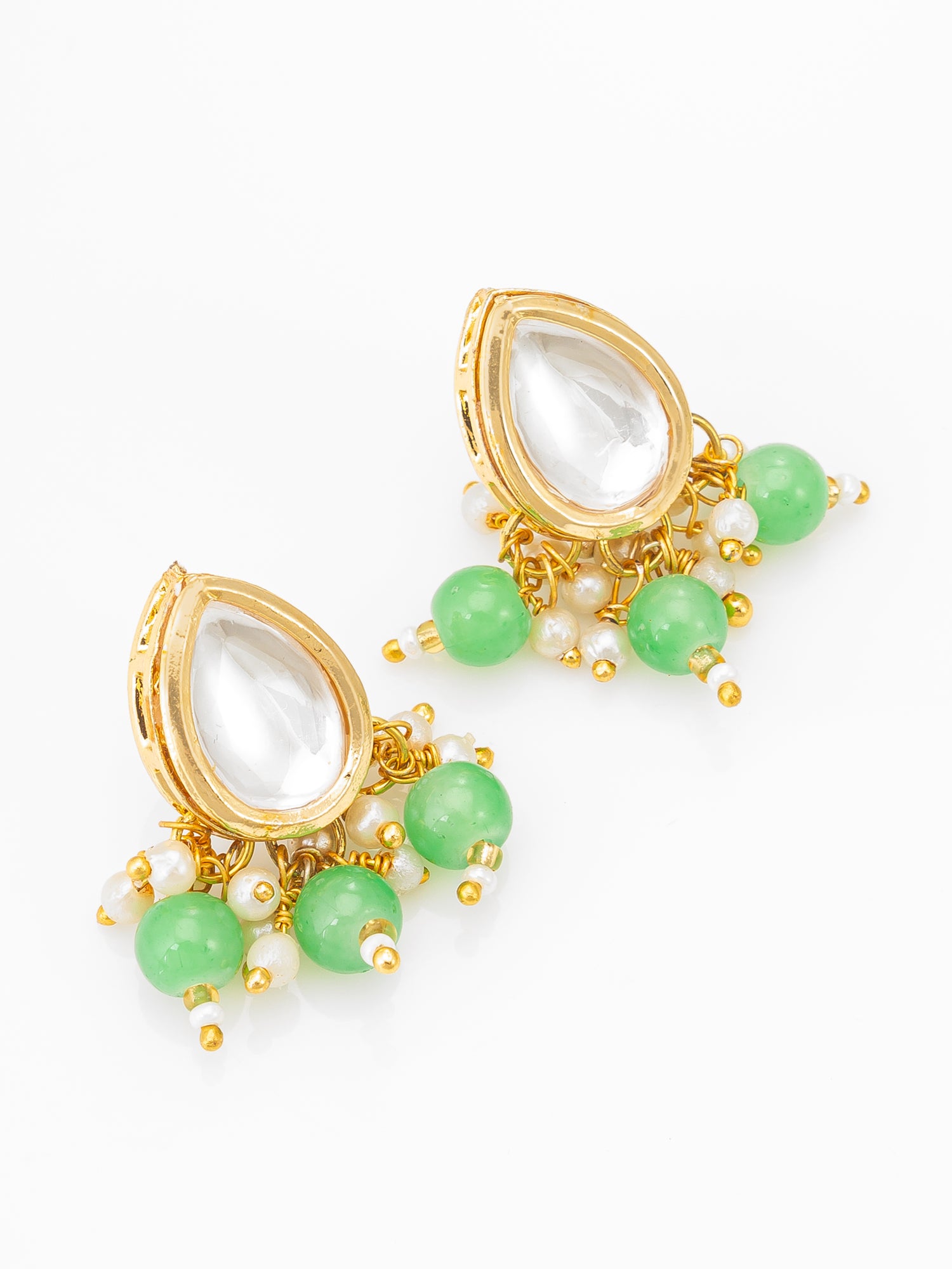 Gold-Plated Kundan Necklace Set with Green Beads and Stud Earrings – View 2 | Aadita Jewelry