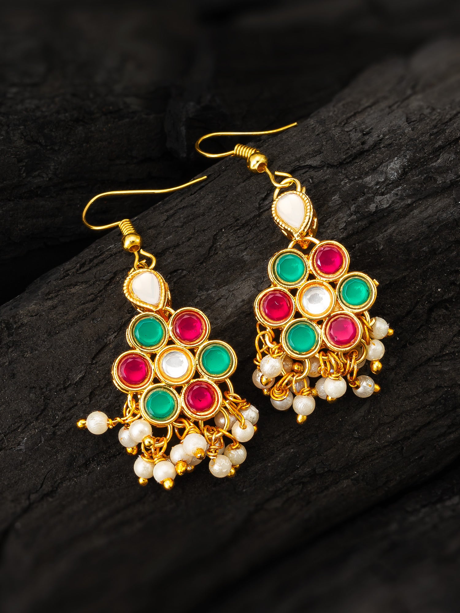Festive Pink and Green Kundan Cluster Drop Earrings – View 5 | Aadita Jewelry