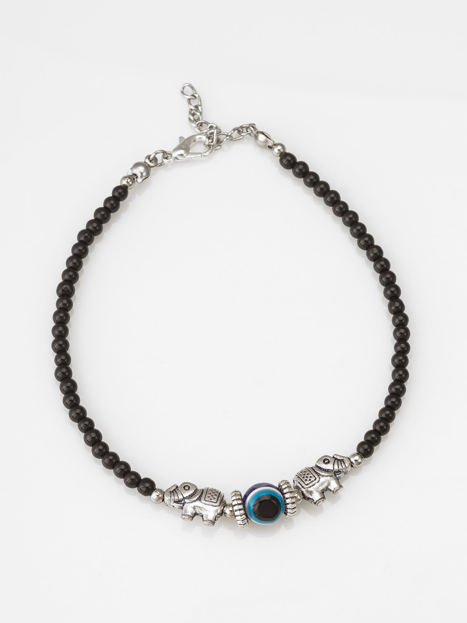 Black Bead Elephant Evil Eye Oxidized Single Anklet – View 2 | Aadita Jewelry