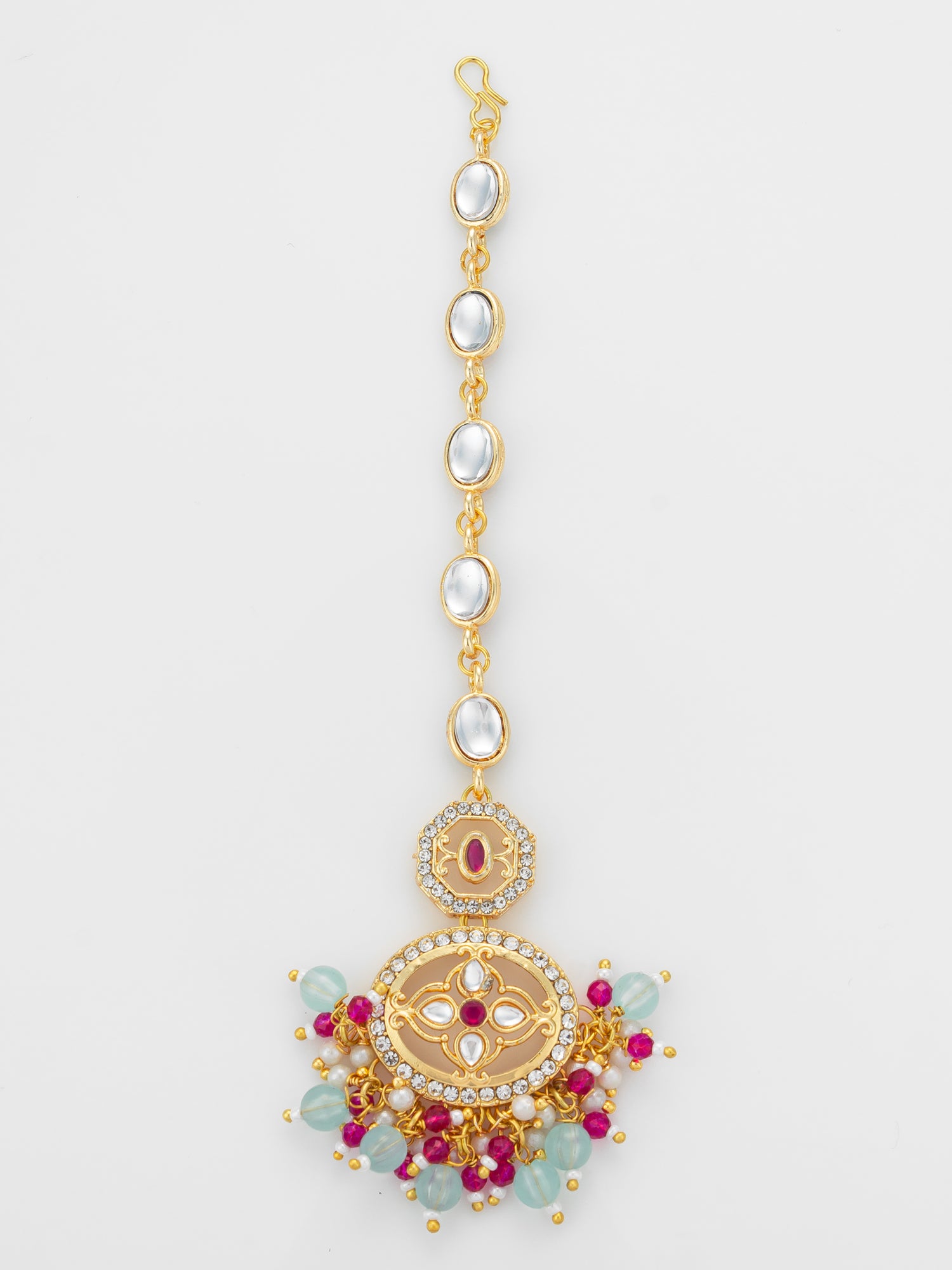 Aadita Gold Plated Oval Kundan Chain Mangtika with Double Disc Pendant and Mixed Bead Fringe | Aadita Jewelry