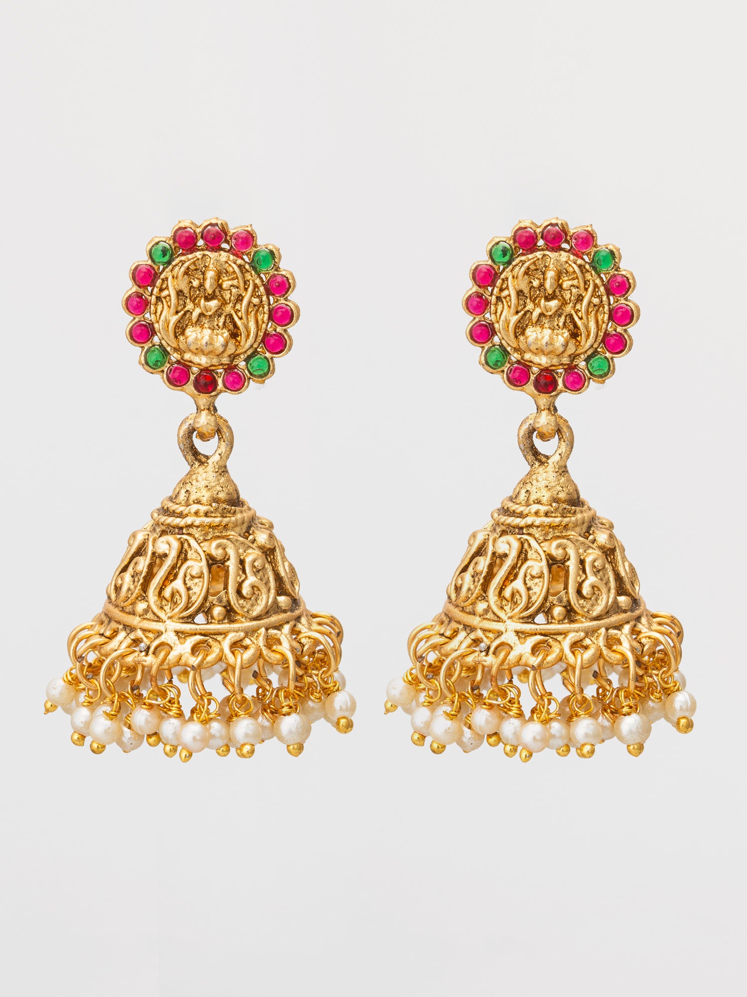 Classic Stone Bordered Deity Jhumka Earrings | Aadita Jewelry