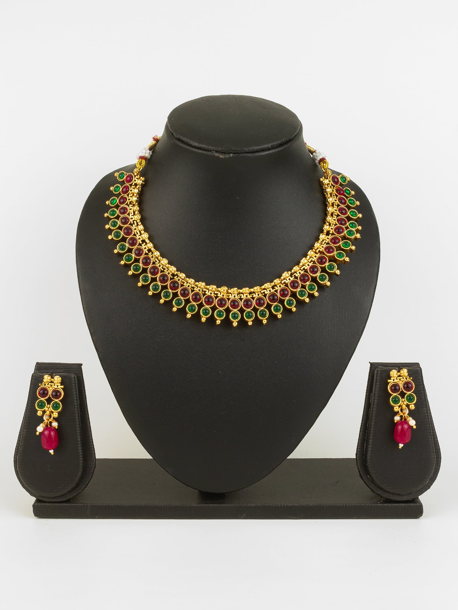 Gold Plated Dual-Tone Red & Green Stone Traditional Necklace Set for Women – View 5 | Aadita Jewelry
