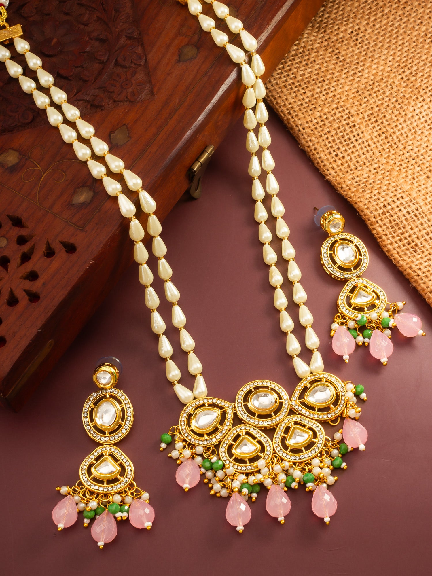 Gold Plated Kundan and Pink Stone Grand Necklace Set – View 5 | Aadita Jewelry