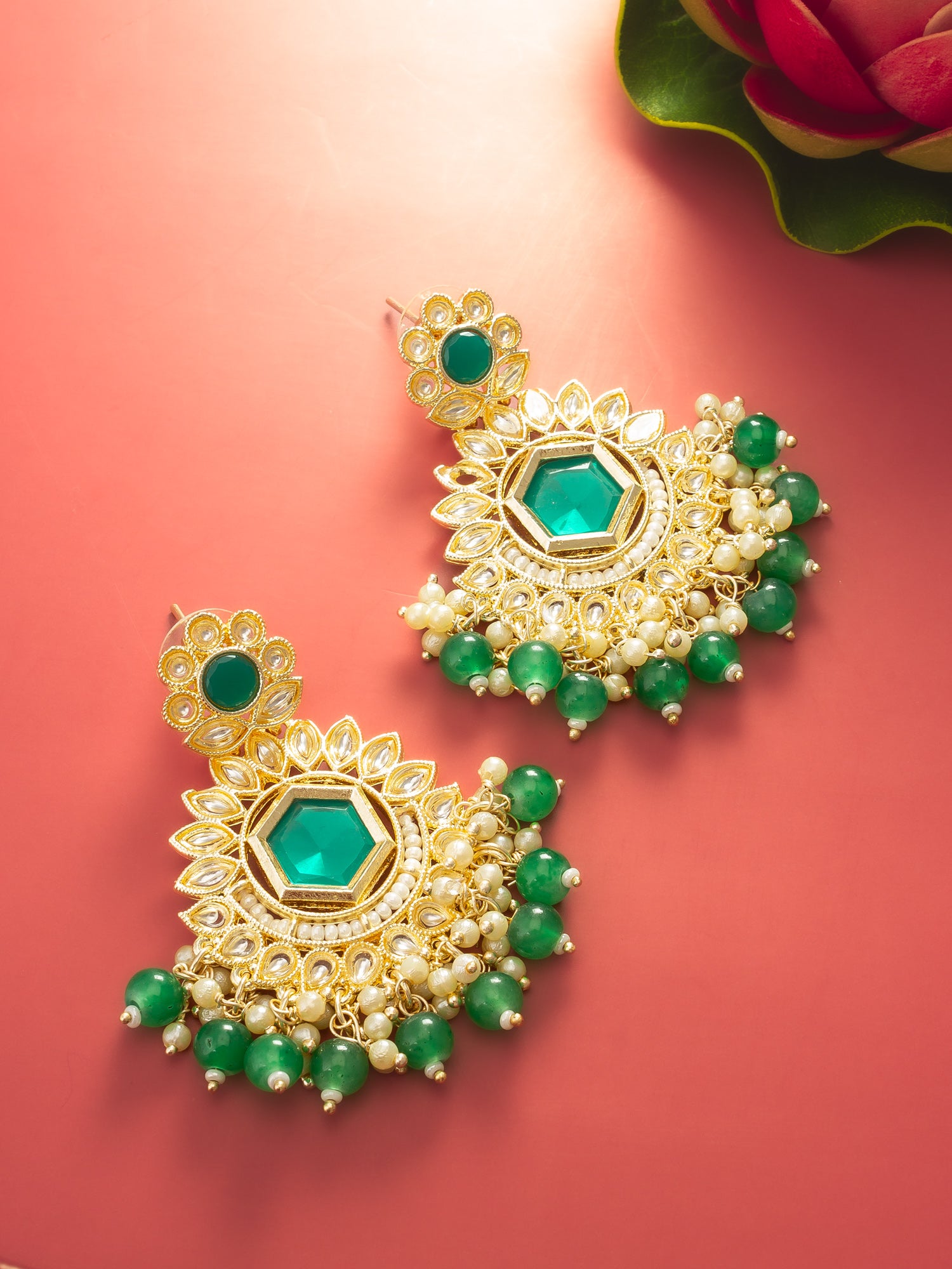 Aadita Green Kundan Chandelier Drop Earrings with Beaded Detailing – View 5 | Aadita Jewelry