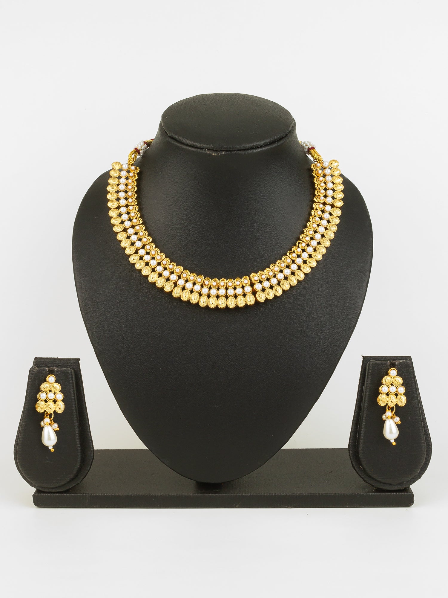Gold Plated Pearl Beaded Traditional Necklace Set with Drop Earrings – View 5 | Aadita Jewelry