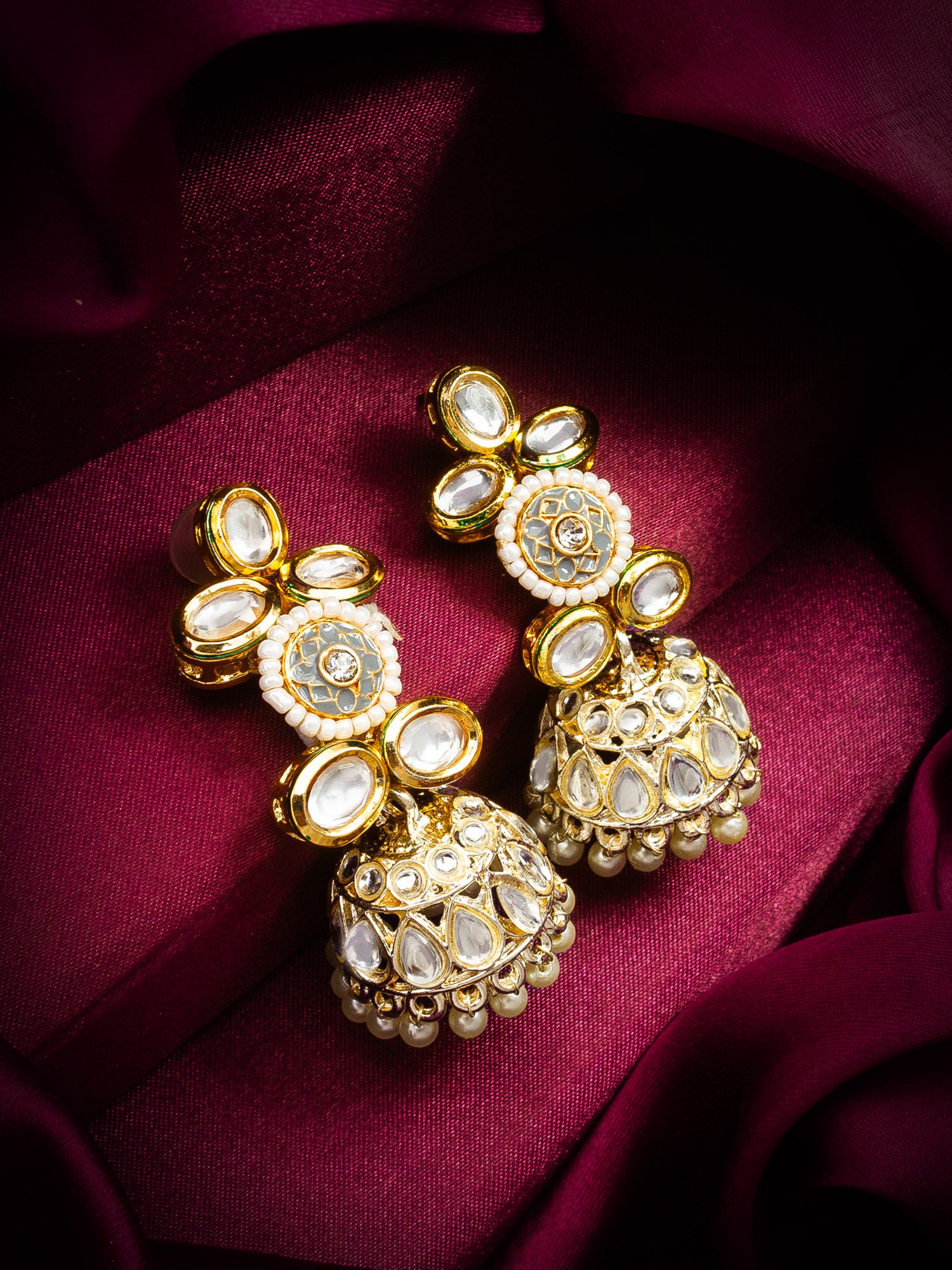 Traditional Kundan Pearl Jhumka Earrings – View 4 | Aadita Jewelry