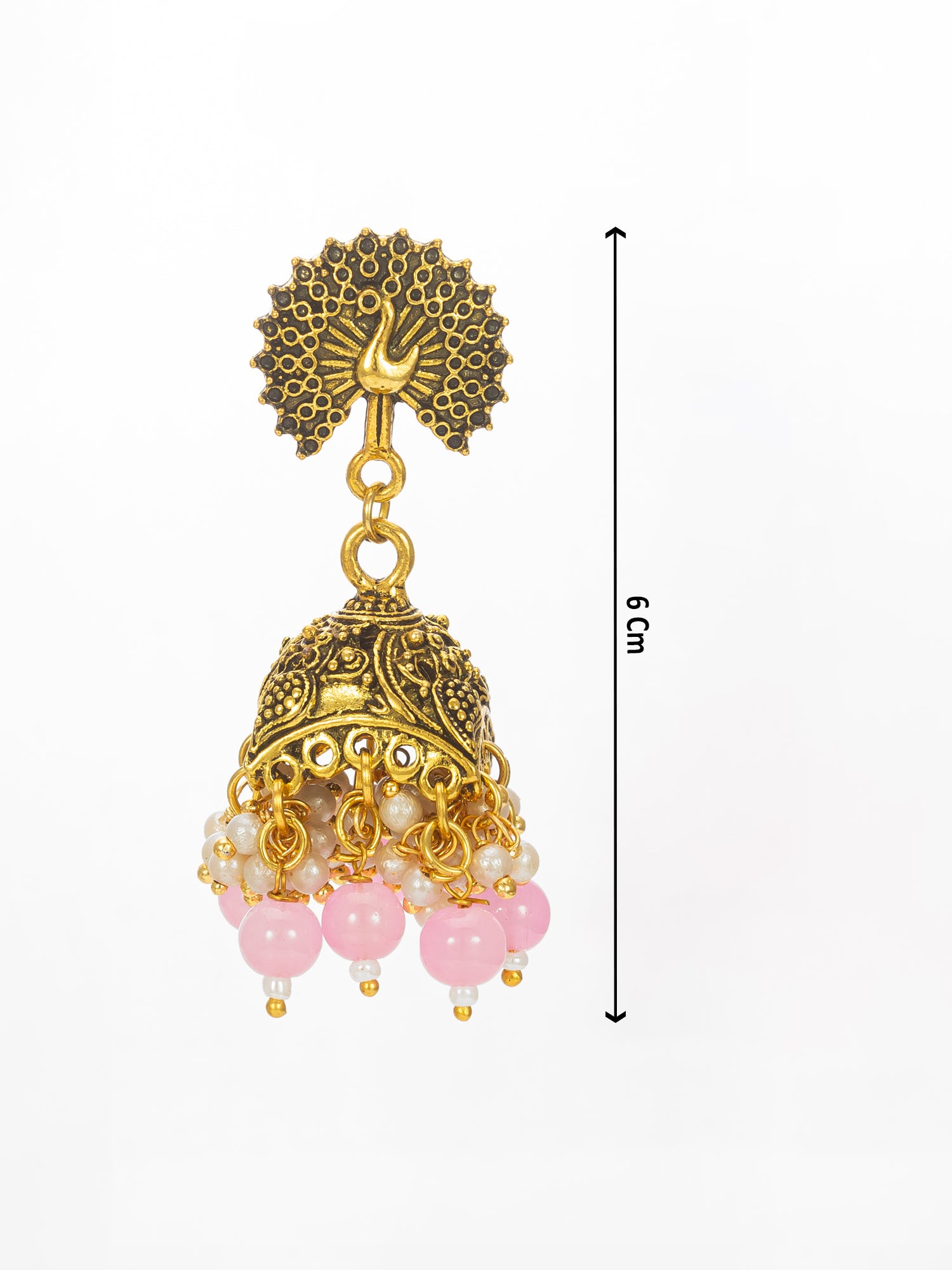 Peacock Motif Pink Beaded Gold Plated Jhumka Earrings – View 3 | Aadita Jewelry