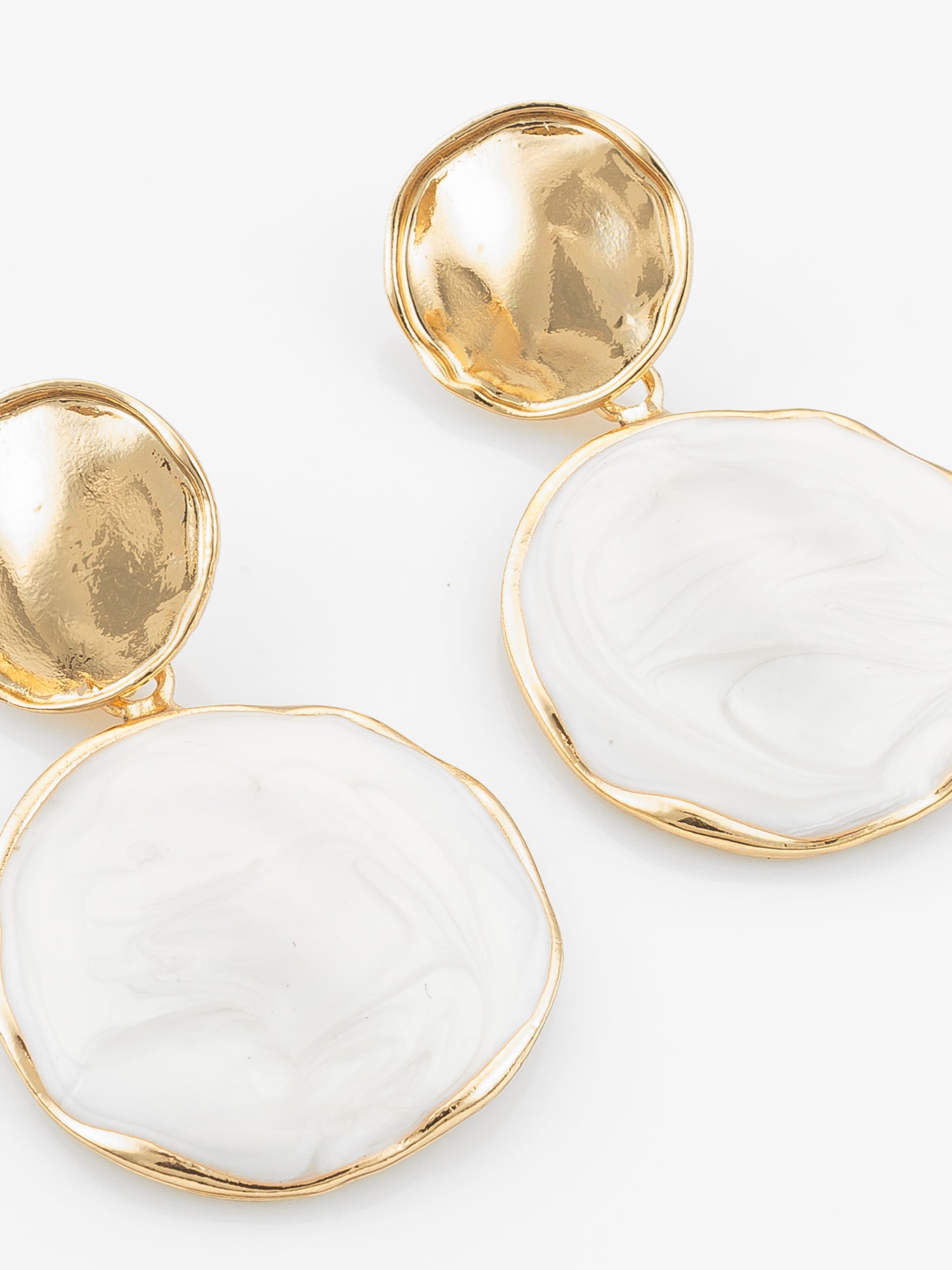 Textured Gold Plated Round Statement Earrings "“ White Marble Finish – View 4 | Aadita Jewelry
