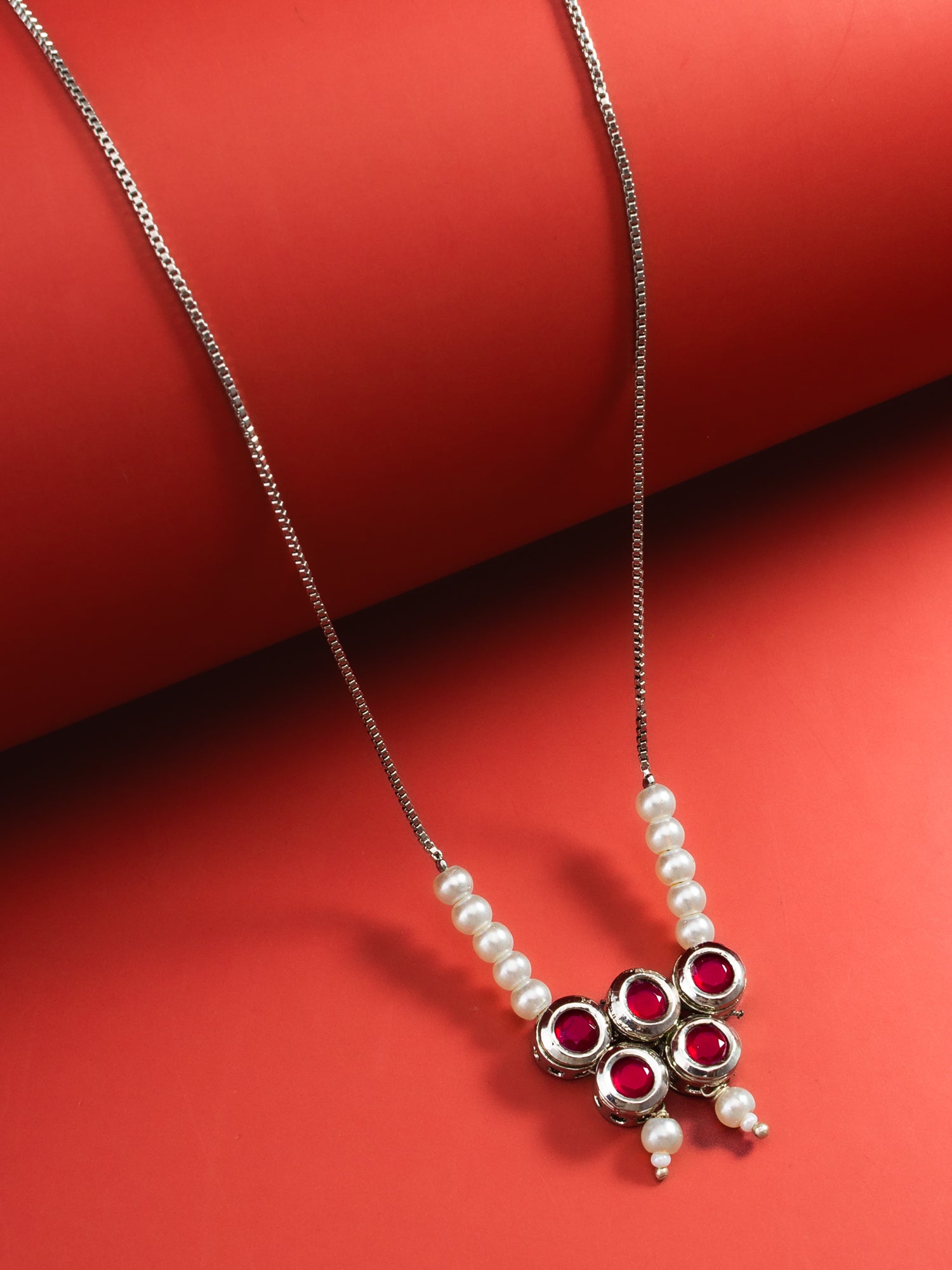 Red Stone Cluster Pendant Necklace with Pearl Chain – View 3 | Aadita Jewelry