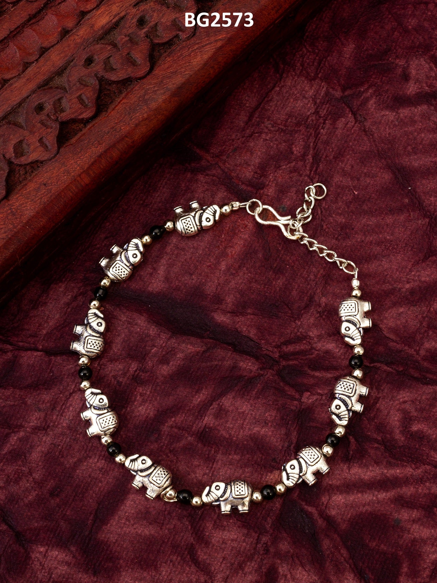 Oxidized Silver Elephant Motif Beaded Bracelet – View 5 | Aadita Jewelry