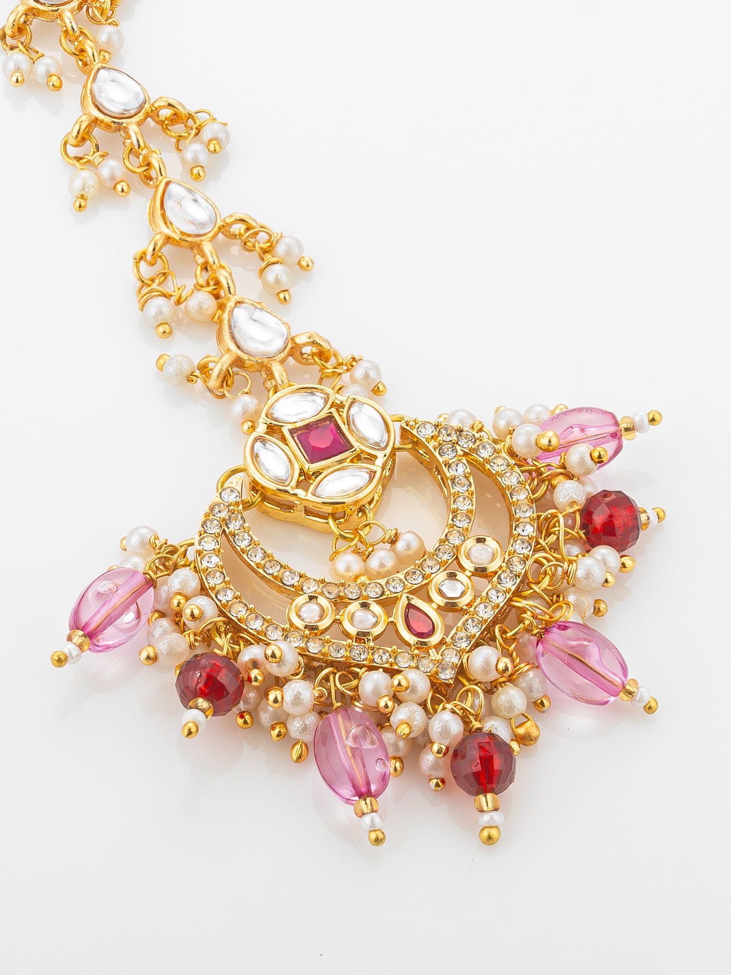 Aadita Gold Plated Kundan Chandbali Maang Tikka with Pink and Maroon Bead Drops – View 3 | Aadita Jewelry