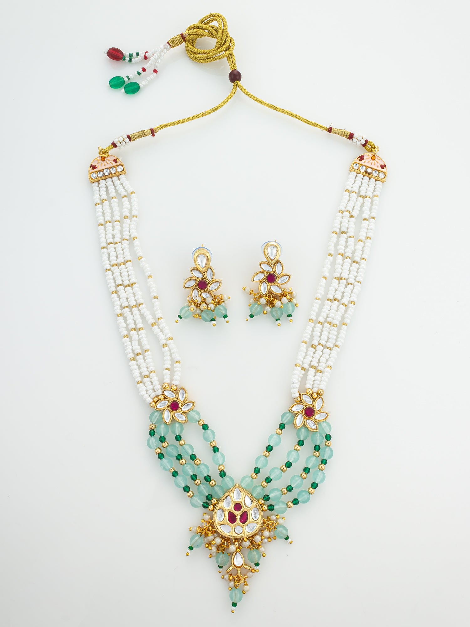 Gold Plated Multi Strand Pearl and Kundan Necklace Set with Mint Green Beads | Aadita Jewelry