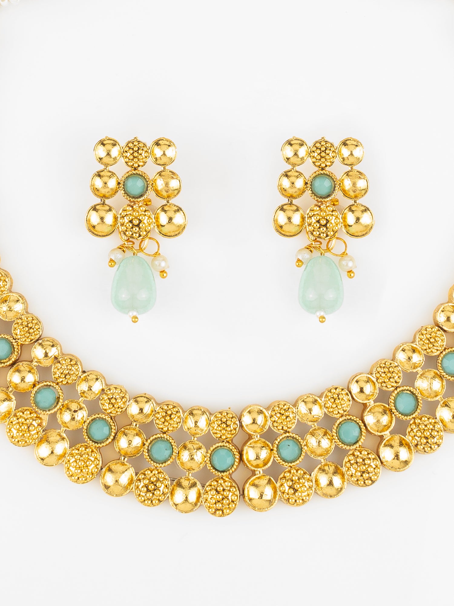 Gold Plated Mint Green Beaded Statement Necklace Set for Women – View 4 | Aadita Jewelry