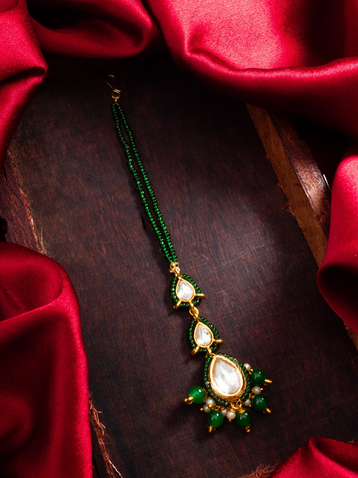 Gold Plated Green Beaded Kundan Maang Tikka – View 5 | Aadita Jewelry