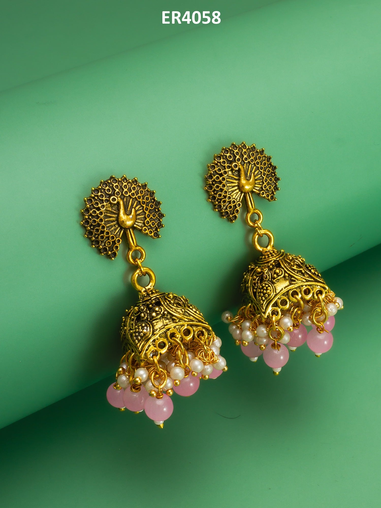 Peacock Motif Pink Beaded Gold Plated Jhumka Earrings – View 5 | Aadita Jewelry