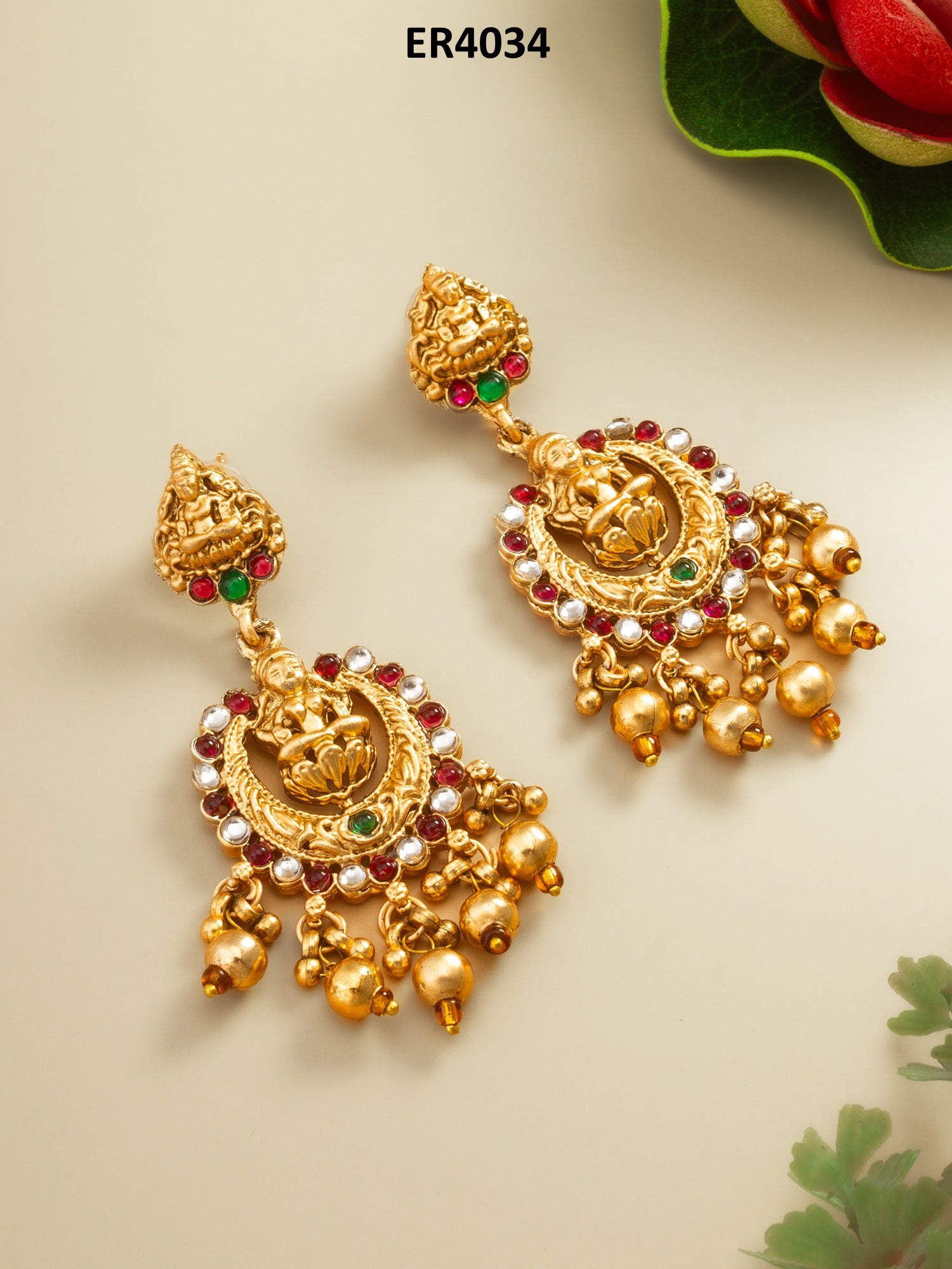 Lakshmi Temple Chandbali Earrings with Kundan Stones – View 5 | Aadita Jewelry