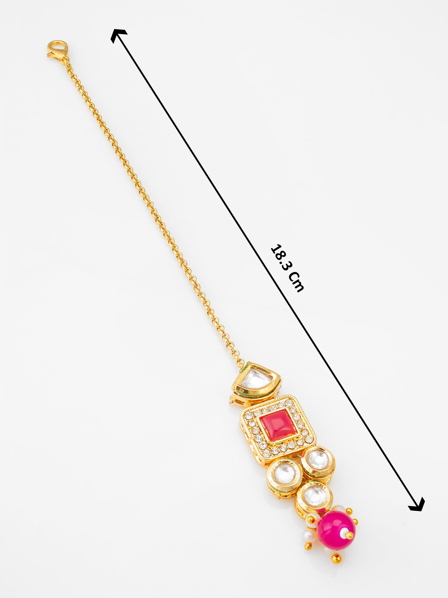 Gold-Plated Kundan Maang Tikka with Pink Stone and AD – View 4 | Aadita Jewelry