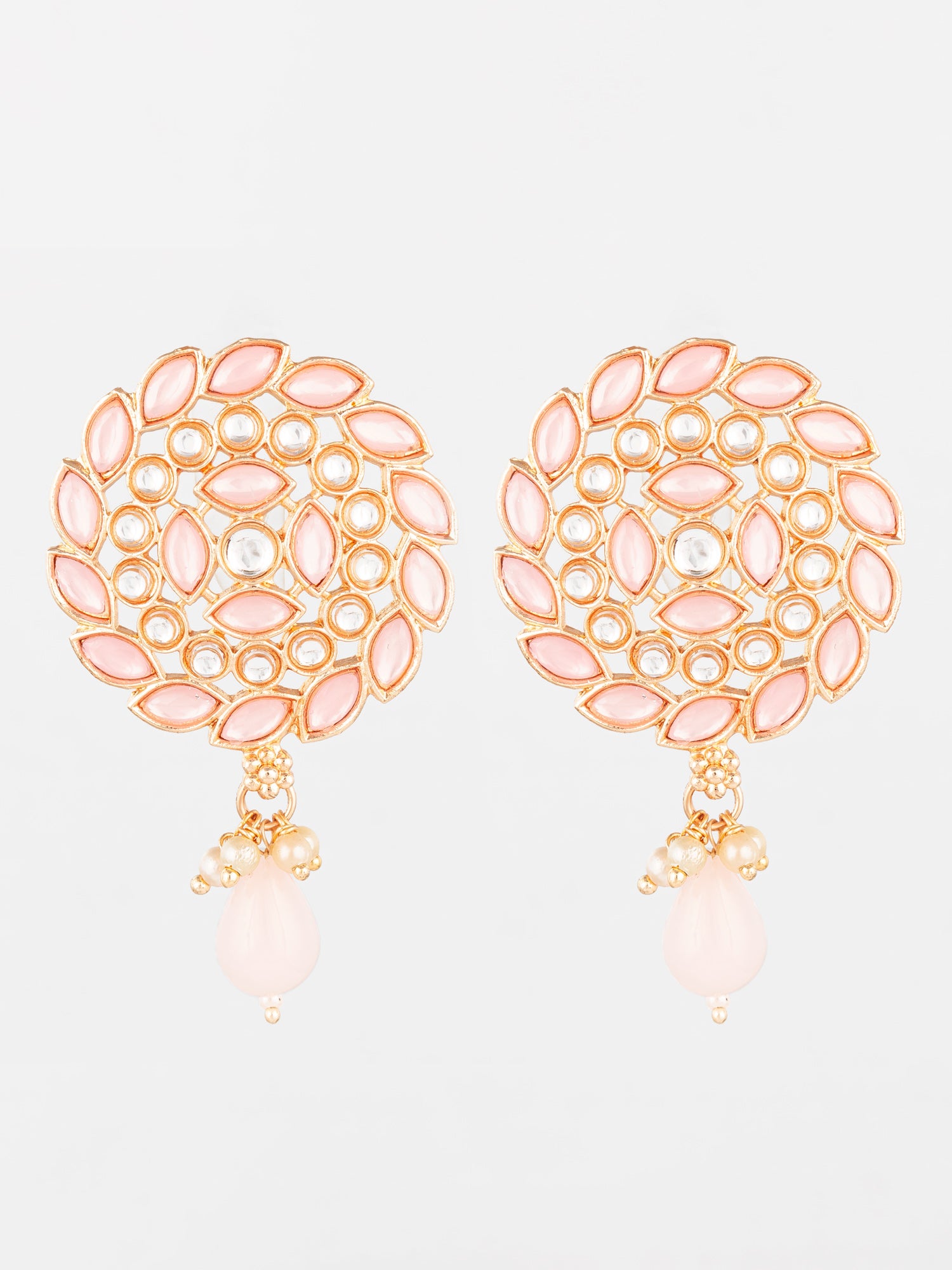 Aadita Gold Plated Pink Stone Stud Drop Earrings with Bead Accent | Aadita Jewelry