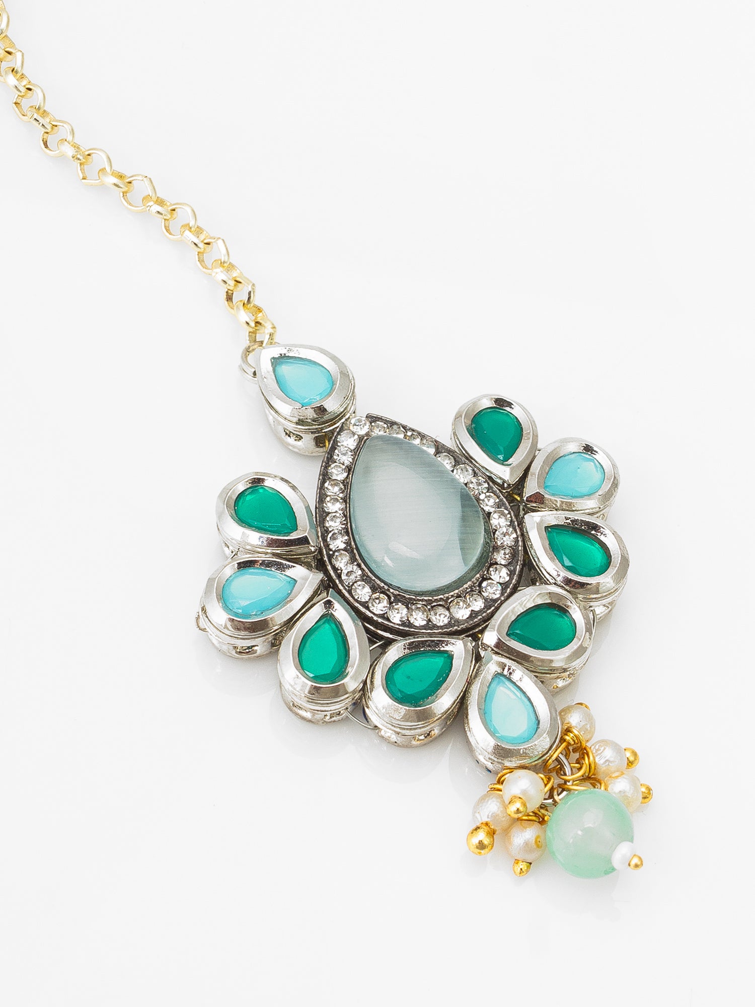 Silver-Toned Oxidized Maang Tikka with Teal and Emerald Stones and Pearl Drop – View 3 | Aadita Jewelry