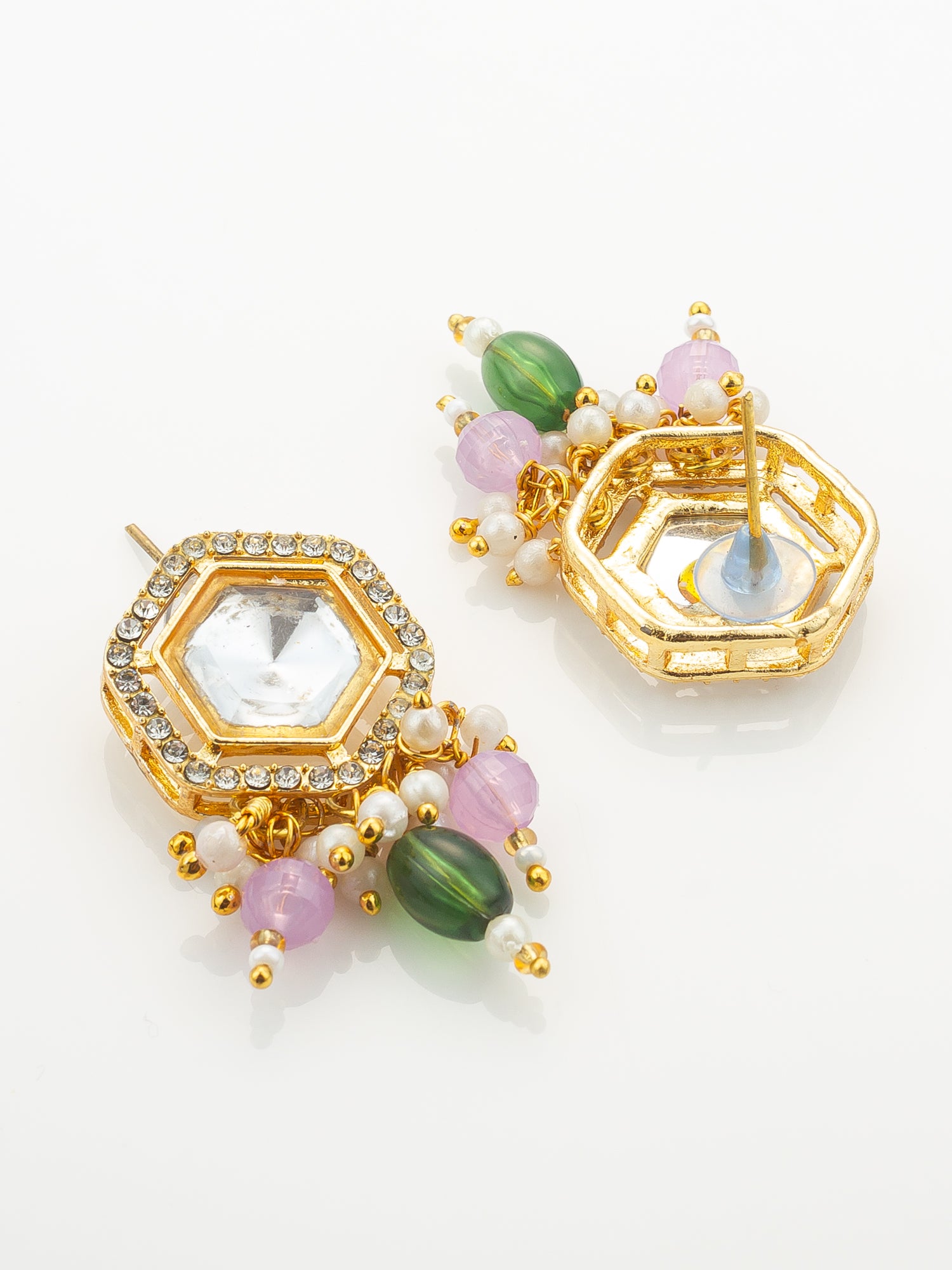 Aadita Gold Plated Kundan Hexagon Necklace Set with Pink Beads and Meenakari Earrings – View 3 | Aadita Jewelry