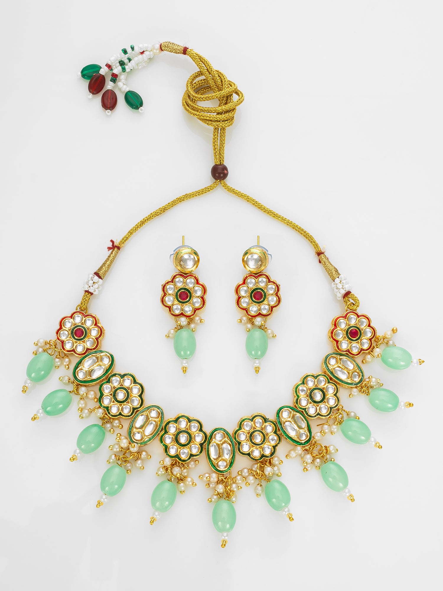 Gold Plated Mint Green Kundan Necklace Set for Women | Aadita Jewelry