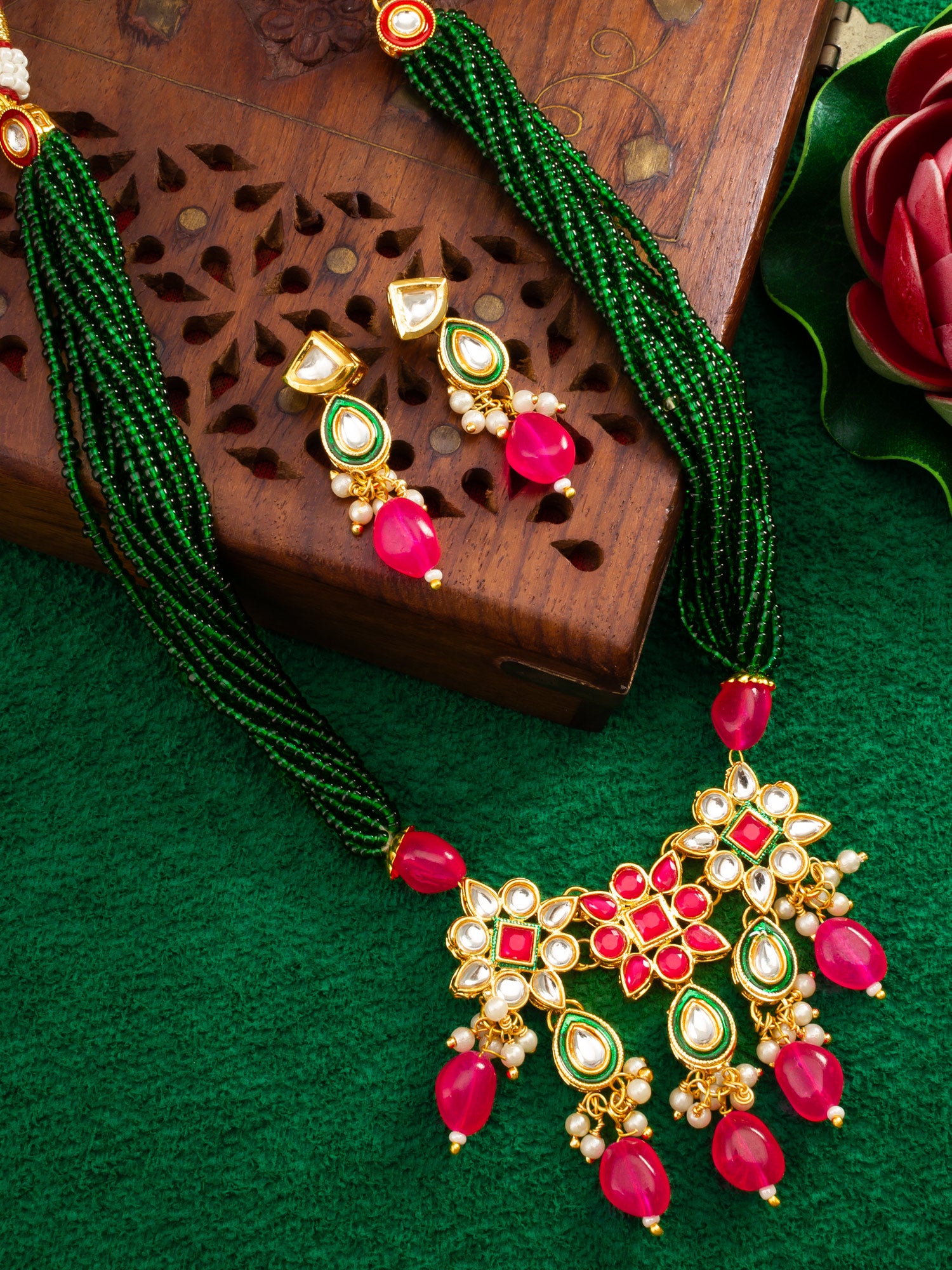 Green Beaded Multi-Strand Kundan Necklace Set with Pink Drops and Meenakari Pendant – View 5 | Aadita Jewelry
