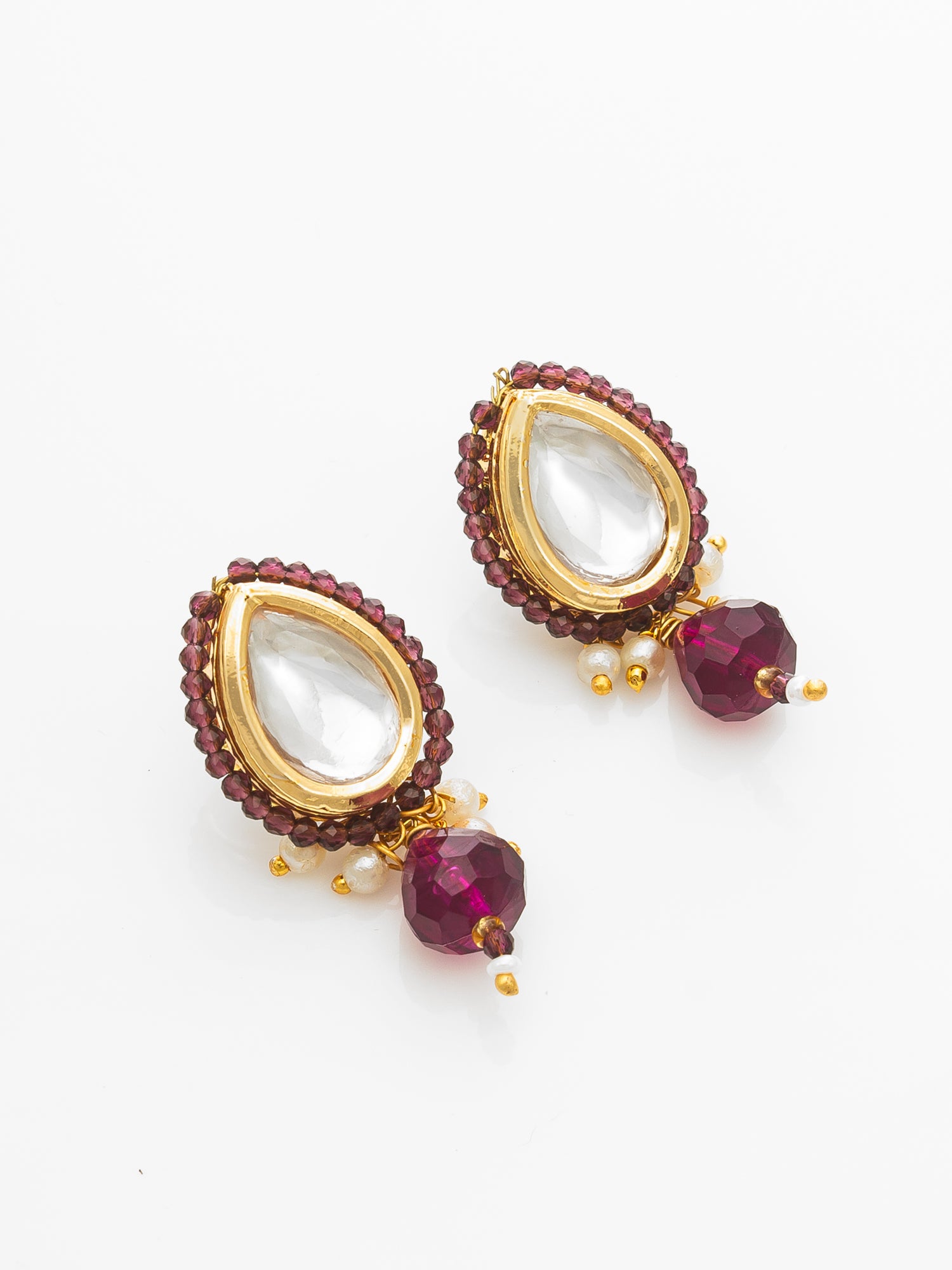 Gold-Plated Maroon Beaded Kundan Necklace Set with Earrings – View 2 | Aadita Jewelry