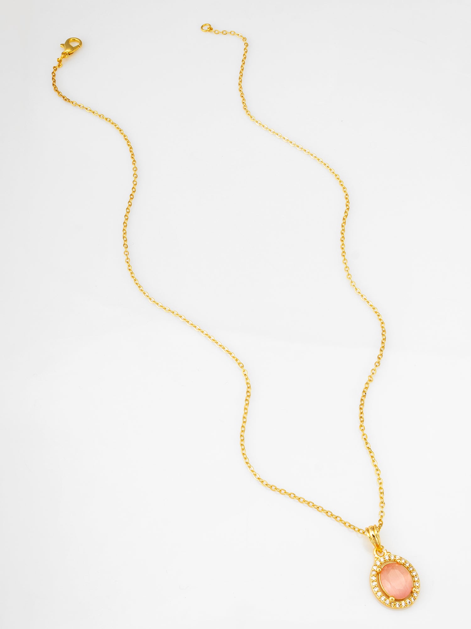 Gold-Tone Oval Pink Stone AD Pendant Necklace | Aadita Jewelry