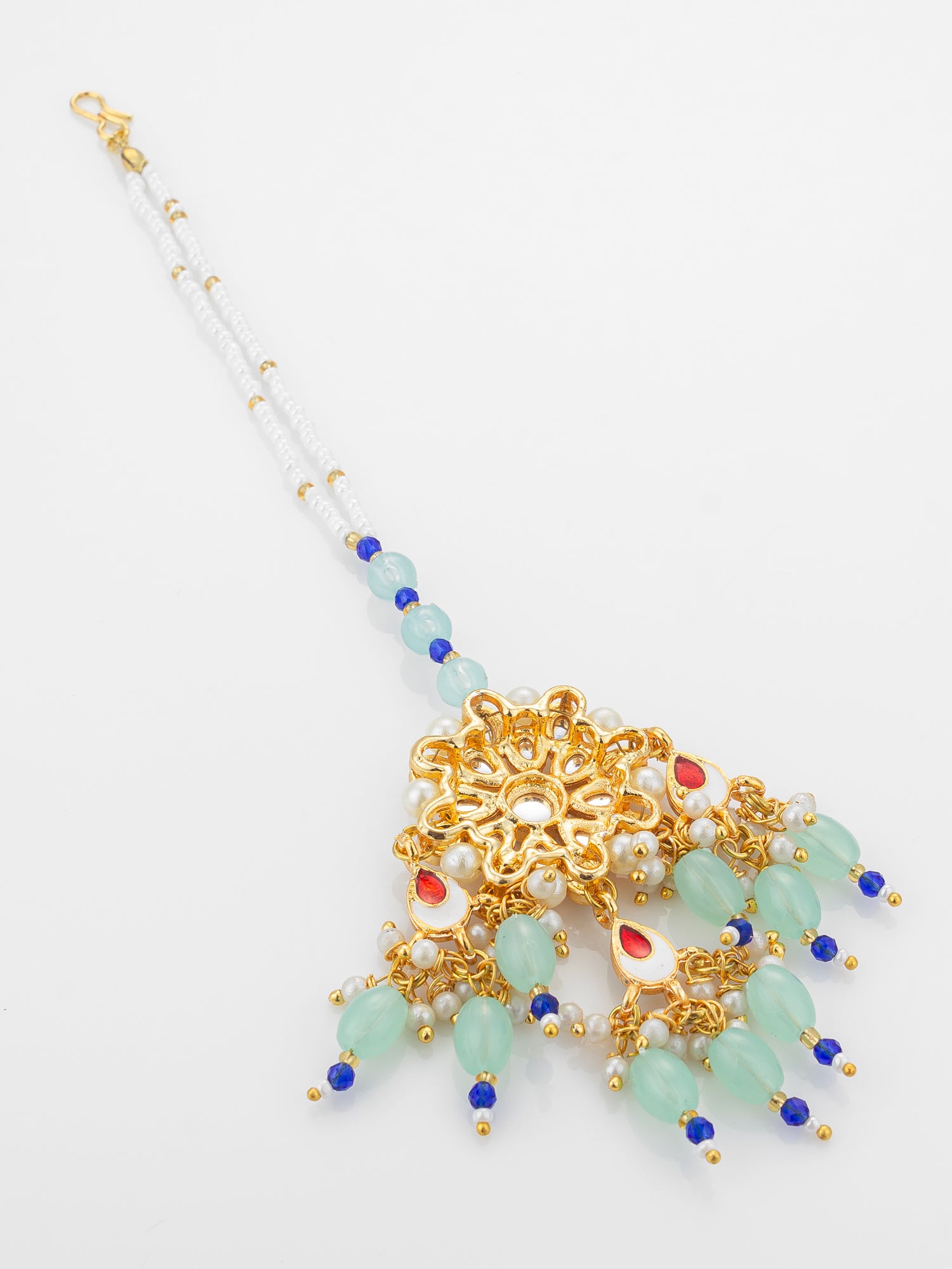 Aadita Gold Plated Kundan Flower Mangtika with Mint Green Bead Drops and Blue Crystal Chain – View 4 | Aadita Jewelry