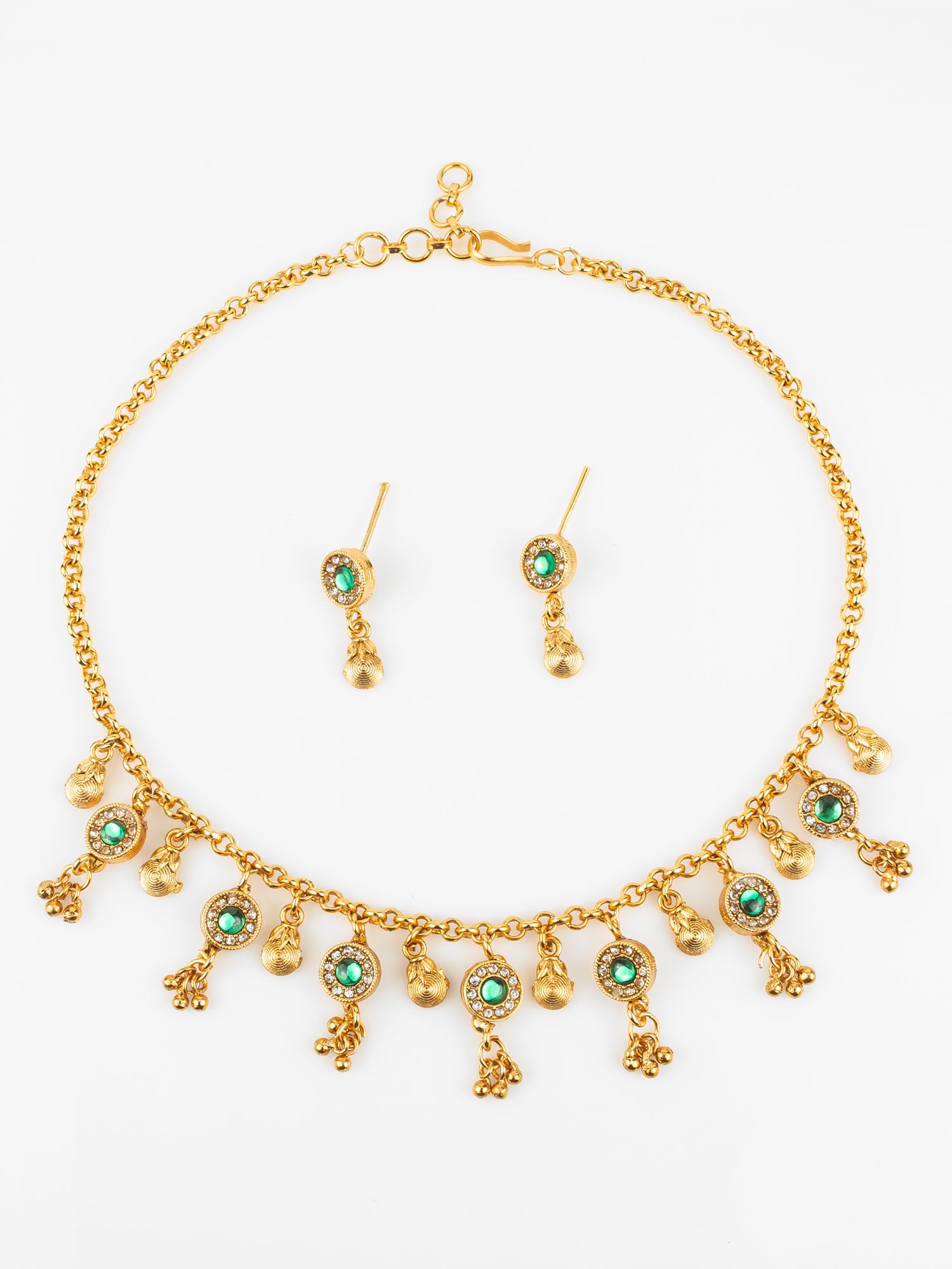 Traditional Gold-Plated Green Stone Necklace Set for Women | Ethnic Temple Jewelry with Earrings | Festive & Wedding Wear | Aadita Jewelry