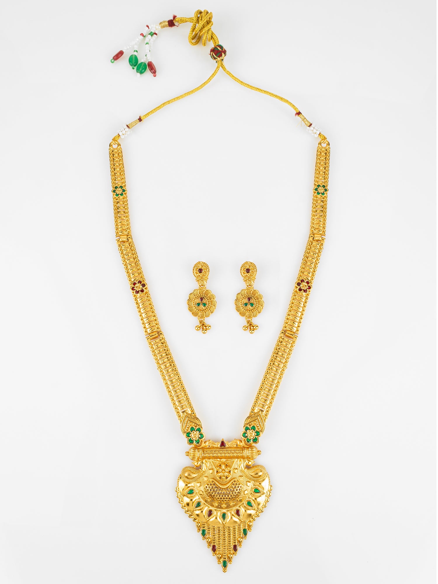 Gold Plated Traditional South Indian Long Necklace Set with Kemp Stones for Women | Aadita Jewelry